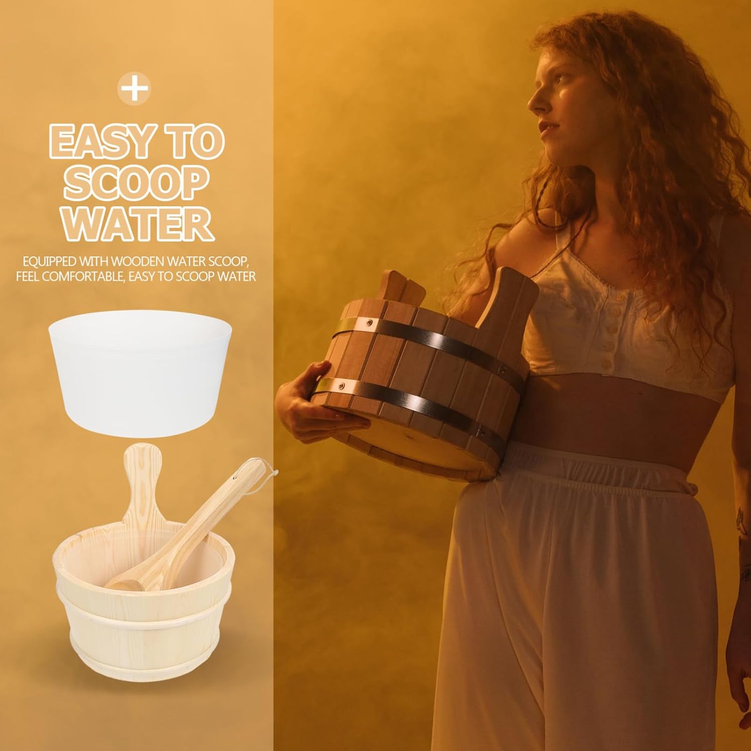 MERRYHAPY Large Sauna Bucket Liner and Wooden Spoon Sauna Ladle and Bucket Wooden Accessories