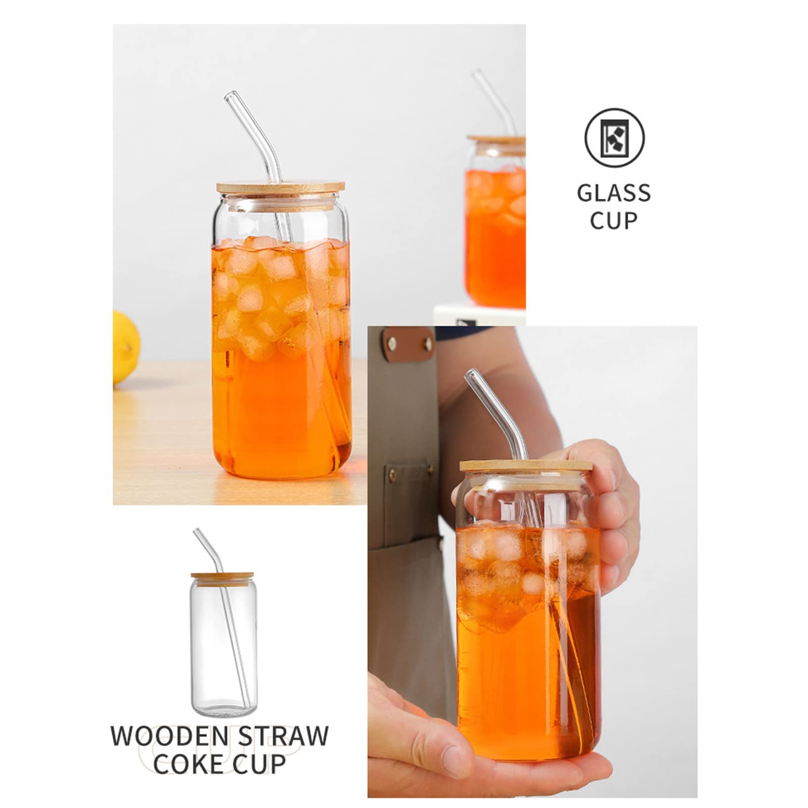Bicchieri da 16OZ con Coperchio in bambù e Cannuccia di Vetro, 4 Pezzi di Bicchieri a Forma di lattina Set di Bicchieri con 2 spazzole per la Pulizia