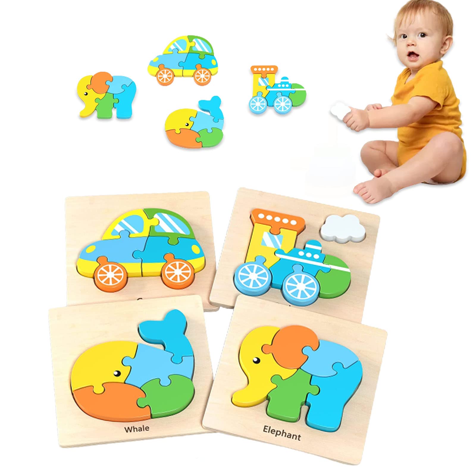 Wooden Puzzle for Kids Age 1 2 3 4 Year Old，4 Pcs Wooden Puzzles for Toddlers Montessori Toys for Kids Activities Preschool Learning Early Educational Birthday Gift Autistic