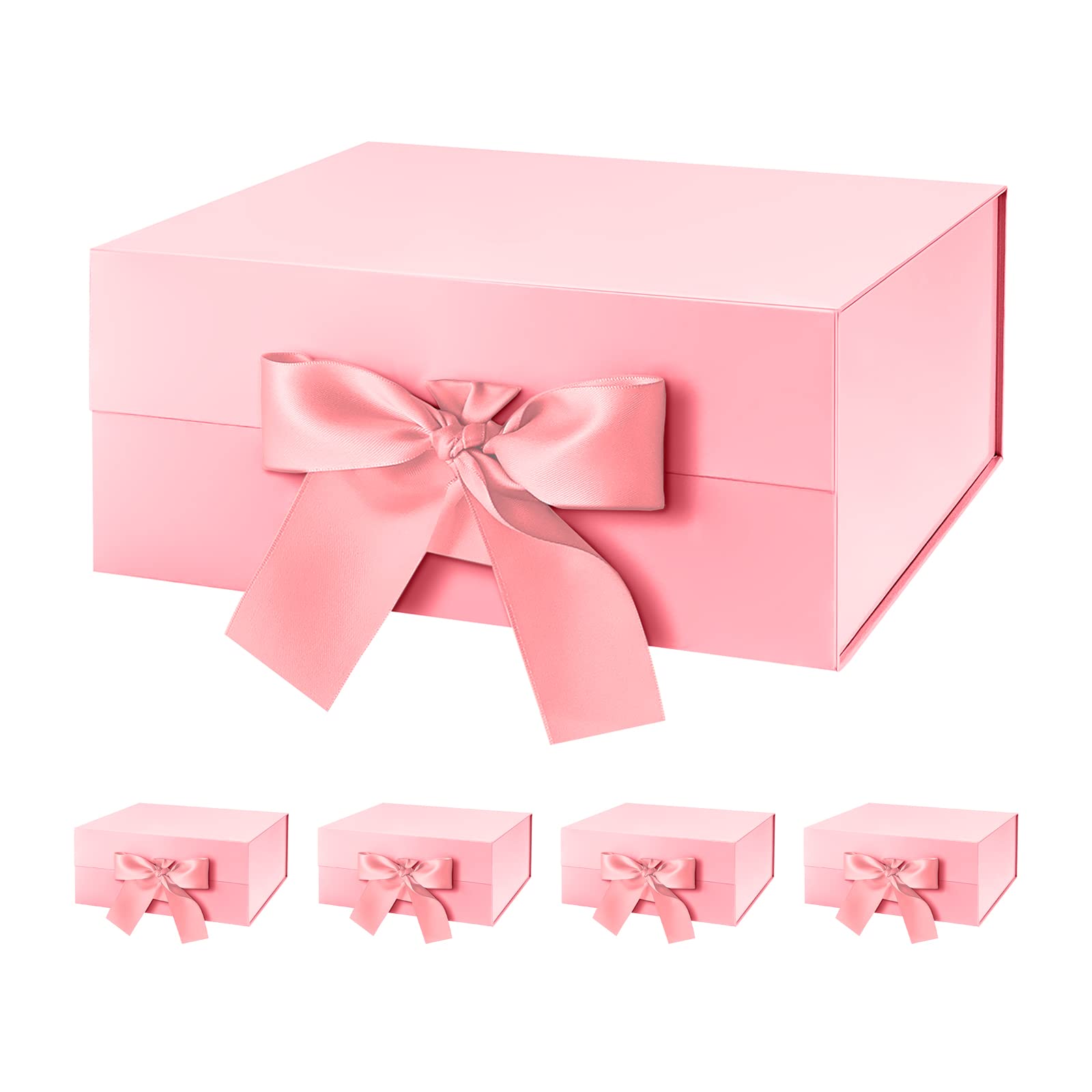 HAPPY POTATO 5 Valentinstags-Geschenkboxen mit Band, 22,9 x 16,5 x 9,5 cm, rosa Geschenkbox mit Deckel, Brautjungfer-Antragsboxen, magnetische Geschenkboxen für Geschenke (glänzendes Rosa, 5 Stück)