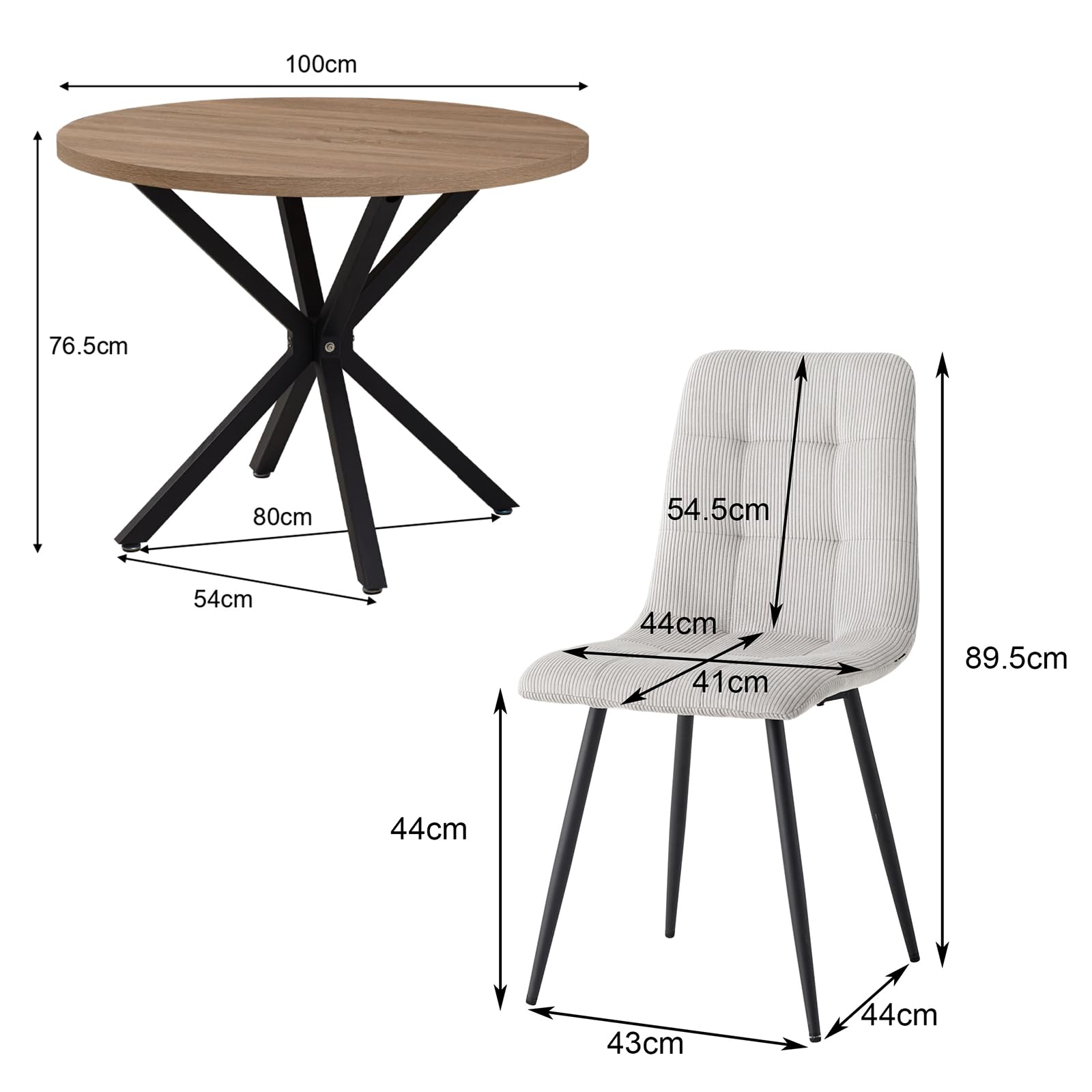 Esstisch- und Stuhlset, 4 Cord mit Hoher Rückenlehne und EIN 100 cm Langer Moderner Runder Esstisch, Geeignet für Küchen, Esszimmer und Wohnzimmer (Hell + Hellgrau)