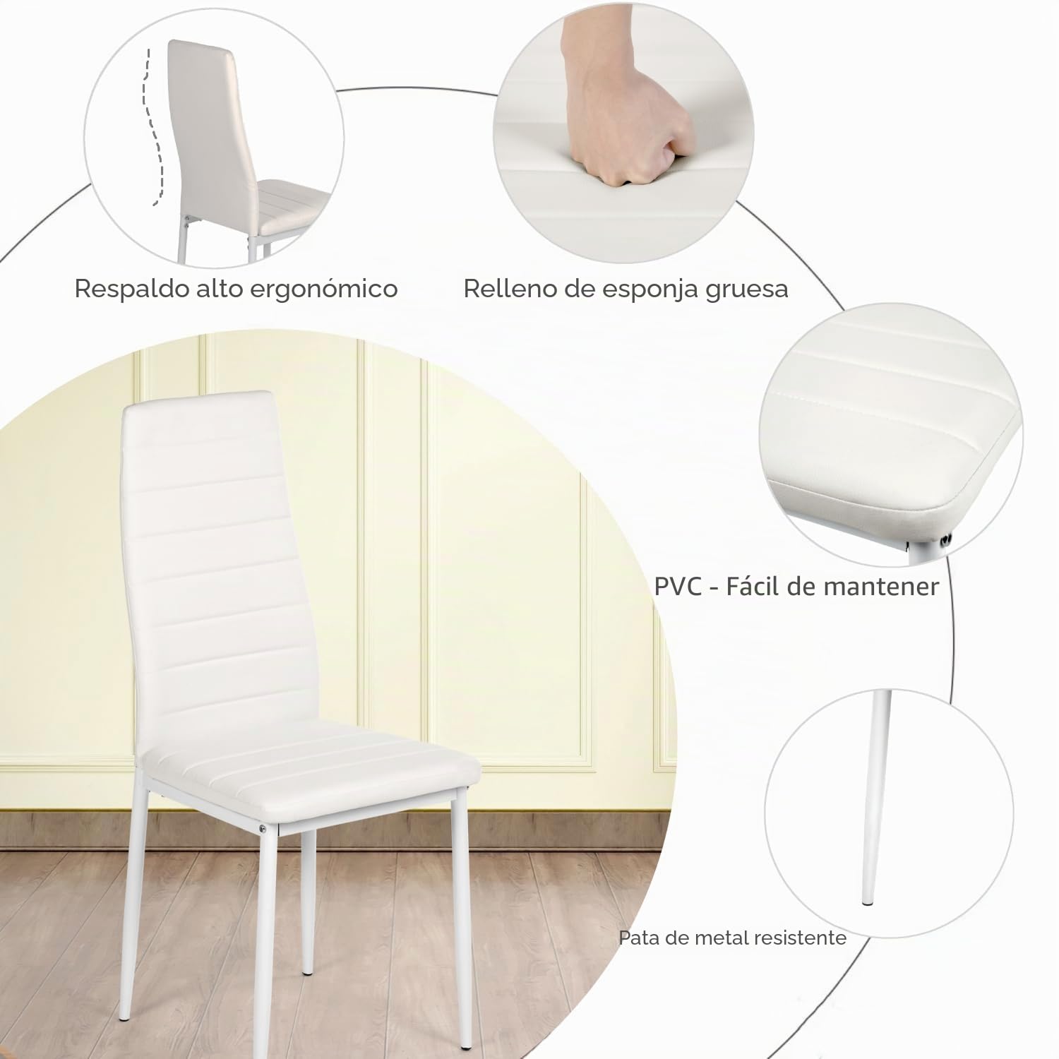 Sillas de Comedor Modernas Pack 4, Sillas de Cocina con Patas de Metal, Silla de Comedor Blancas Tapizadas de Piel Sintética para Comedores y Cocina y Restaurante (Blanco)