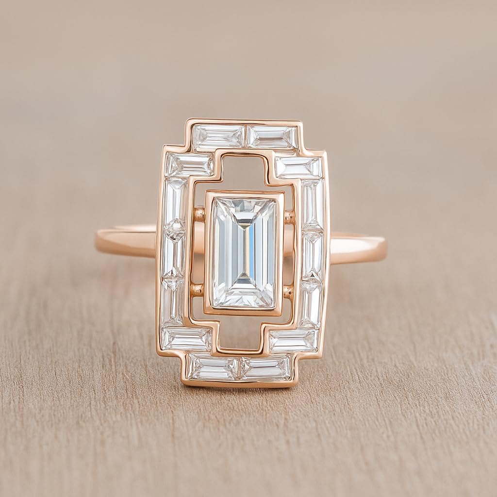 Emerald Cut Moissanite Art Deco Engagement Ring for Women 14k Rose Gold Baguette Halo Geometric Vintage Statement Ring Unique Wedding Promise Jewelry Gift