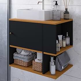 Gabinete Beauty Armário Banheiro 1 Porta E Nicho Lateral + Pia Cuba Sobrepor (Preto Freijó)