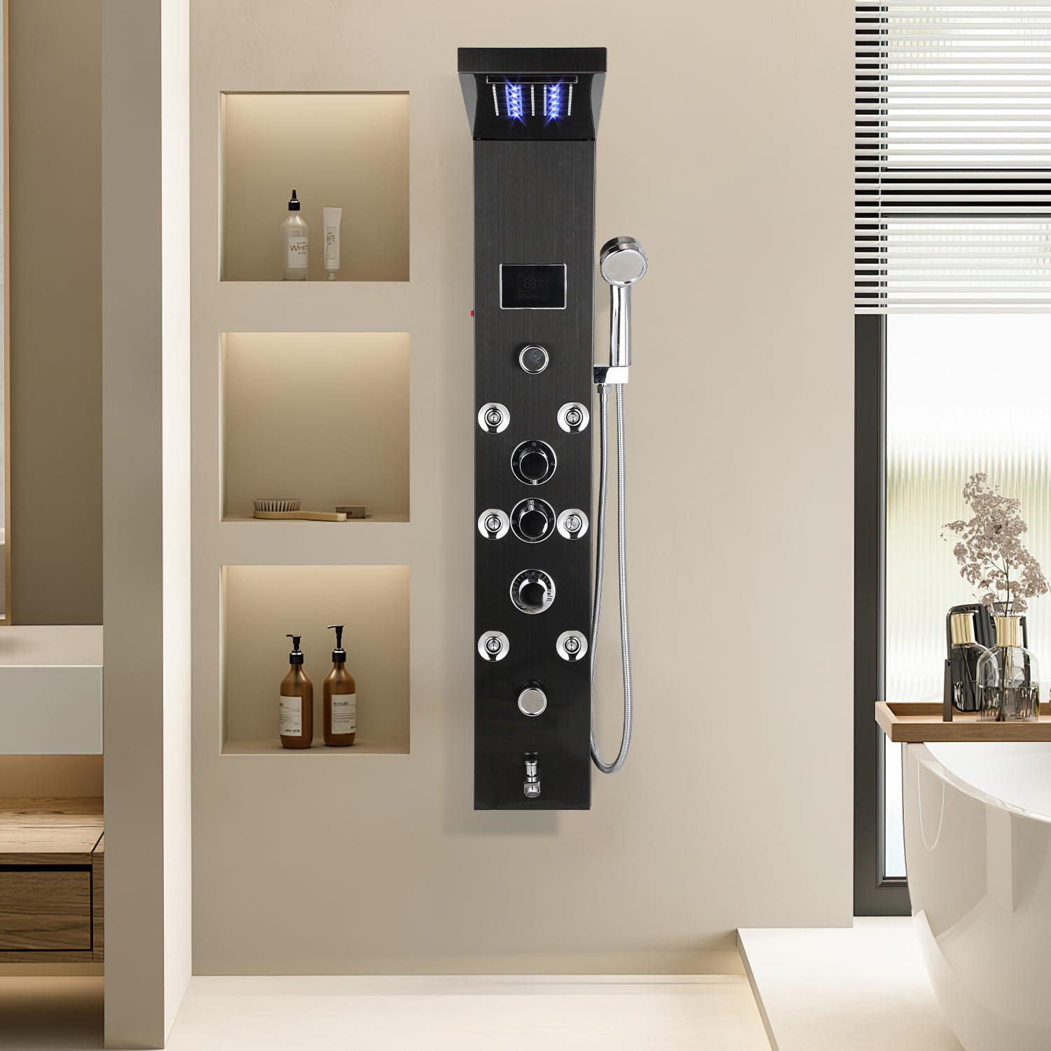 Pannello doccia con rubinetto, 6 funzioni, pannello doccia in acciaio inox con indicatore di temperatura a LED, pioggia e cascata, doccetta a mano, ugelli massaggianti e colonna doccia