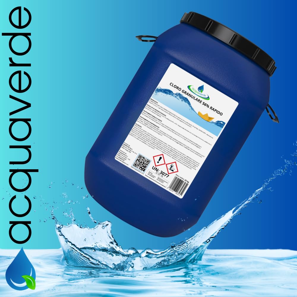 acquaverde | Cloro Granulare 56% Rapido per Piscina - 25 kg, Dicloro Stabilizzato a Rapida Dissoluzione per Trattamento Shock, Mantenimento, Iperclorazione, Pulizia ed Igiene dell'Acqua di Piscine