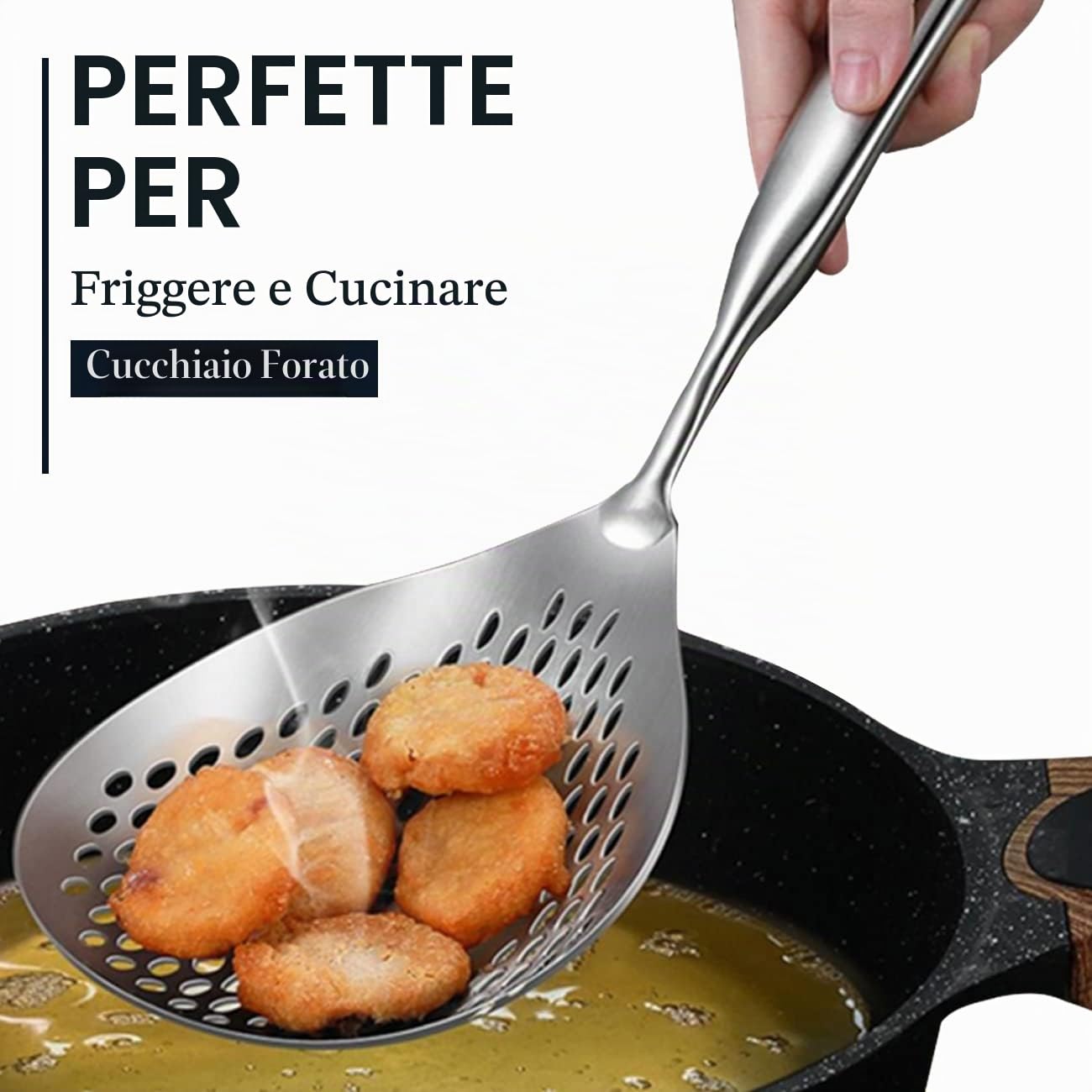 KAYCROWN Schiumarola scanalata, in acciaio inox 304, mestolo per schiumarola, colino per cucinare e friggere, colino per pasta, frittura, cucina