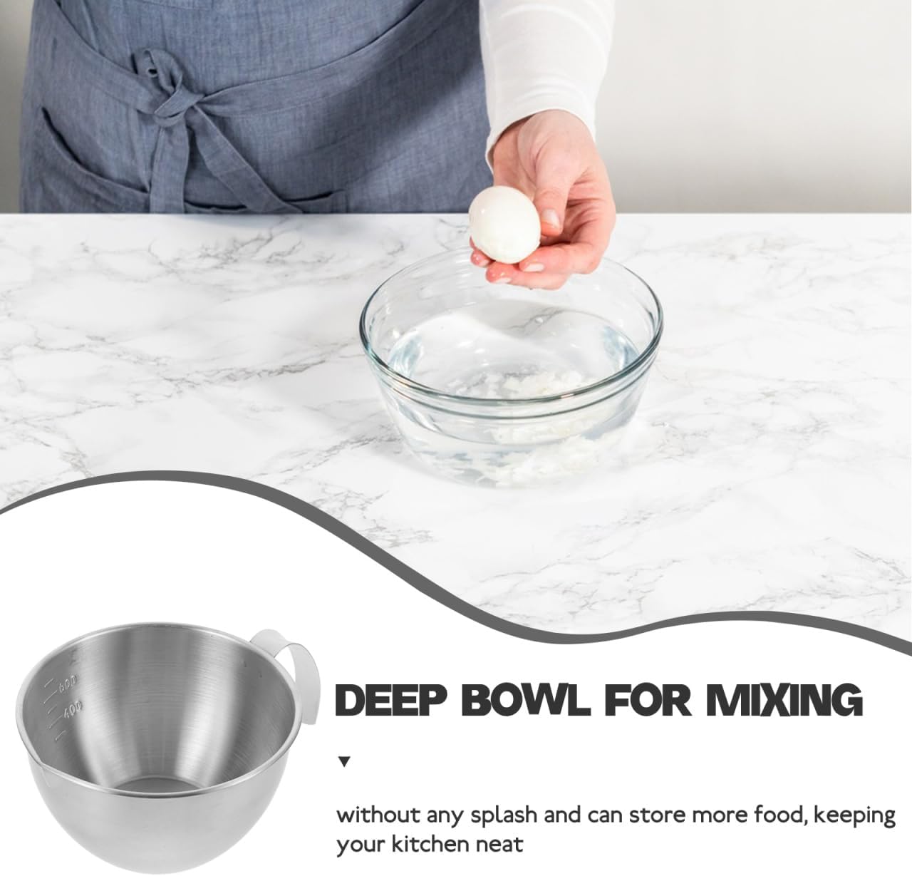 Luxshiny Stainless Steel Mixing Bowl with Handle, Silver Small Kitchen Prep Bowl with Marked Scale for Cooking, Baking and Meal Prep - 600ml/20.2oz