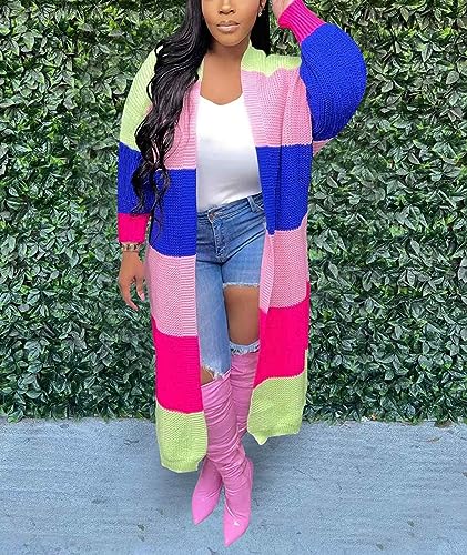 SOMTHRON Women's Fall Cardigan Sweater Open Front Color Block Striped Knit Long Draped Coat Duster Outerwear2