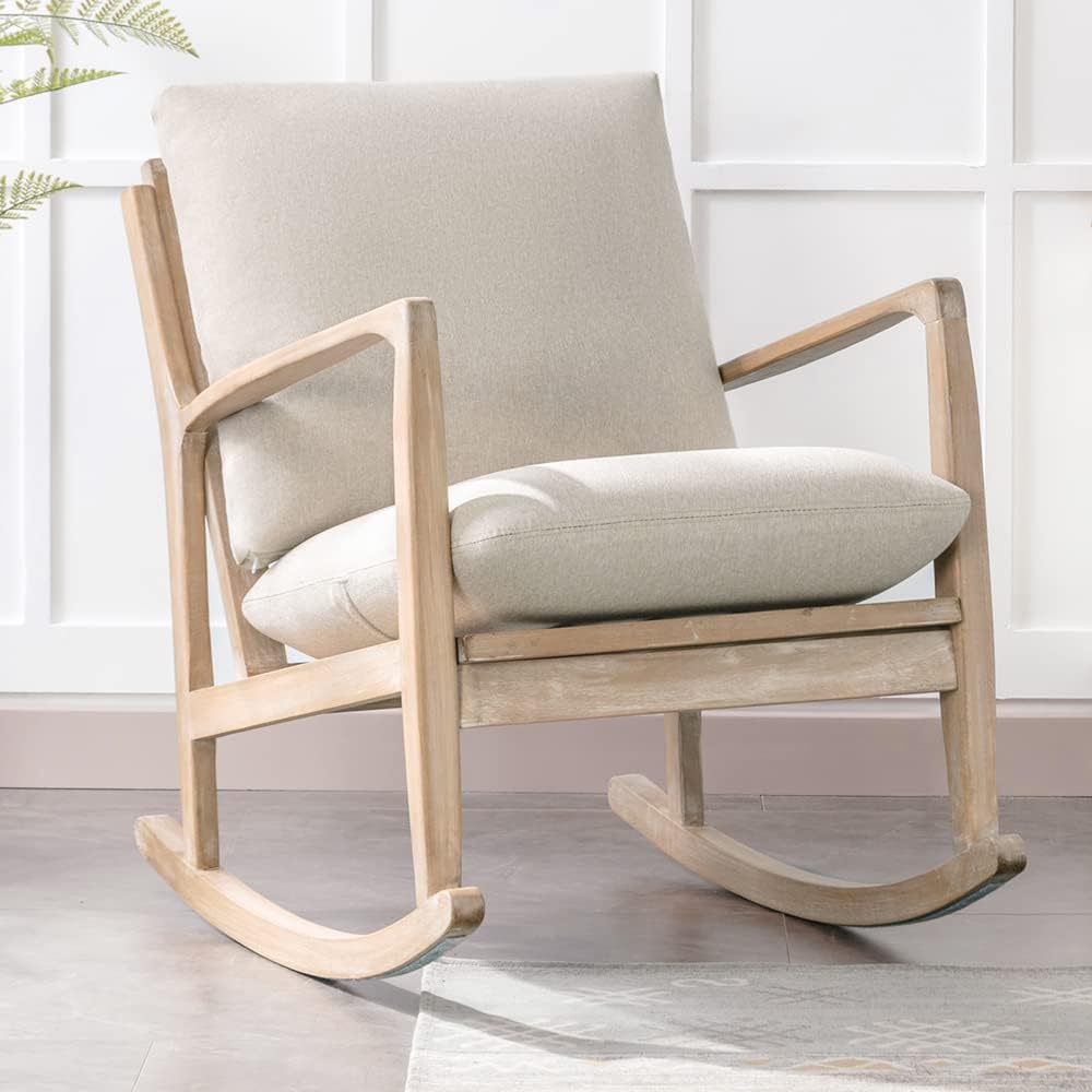 Yone jx je Solid Wood Rocking Chair Nursery Chair, Linen Fabric Upholstered Comfy Accent Chair for Porch, Garden Patio, Balcony, Living Room and Bedroom, Beige