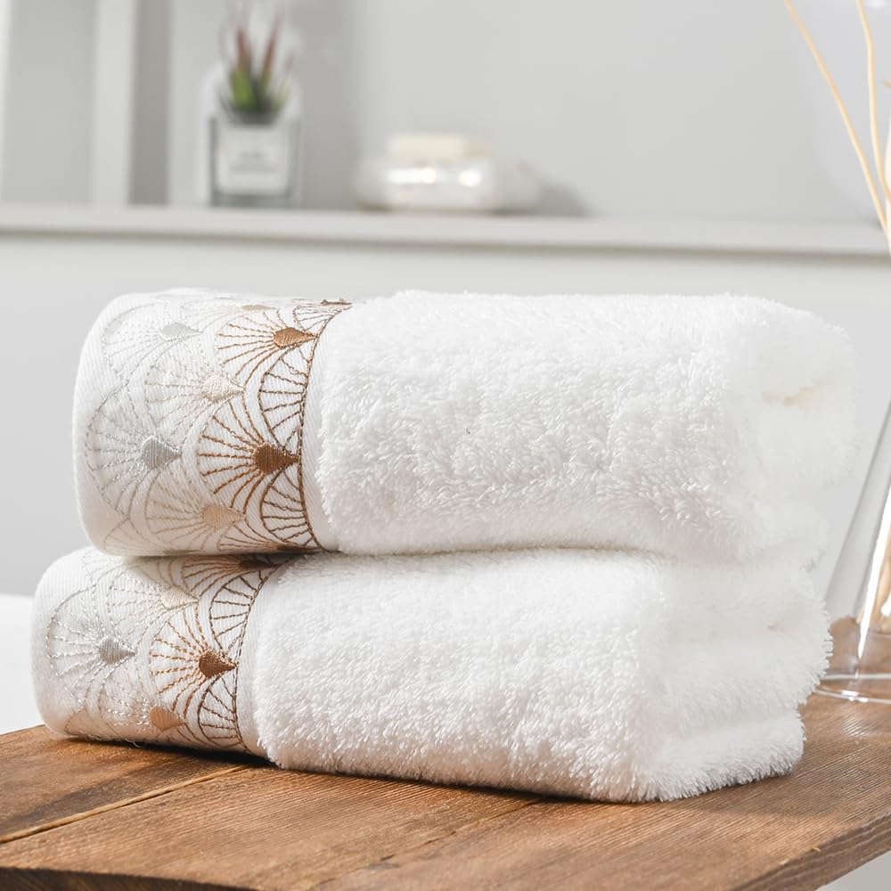 White Hand Towel Set of 2 Ultra Absorbent 100% Cotton Thick Towels Super Soft Luxury Lace Pattern Embroidery Decorative Bathroom Hand Towels for Bridal Shower Gift 13 x 29 Inch