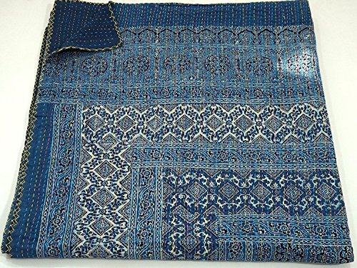Sophia-Art Blue Kantha Quilt Hand Stitch Block Print Kantha Ajrakh Bed-Cover, Indian Bohemian Kantha Ajrakh Quilt