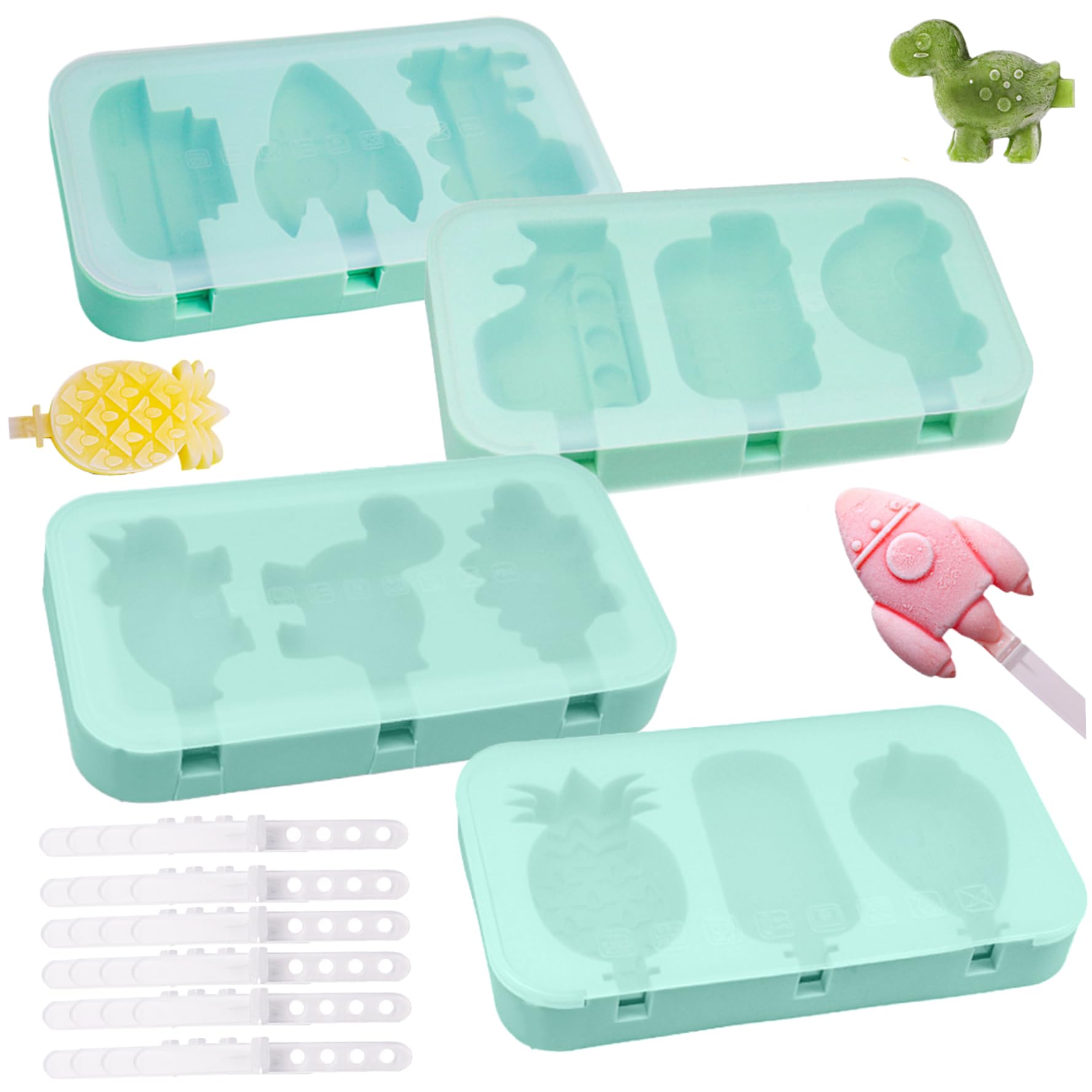 4 moldes de silicona para paletas de 3 cavidades, sin BPA, molde de helado con forma de dinosaurio, frutas y coches, con tapa y 24 palitos