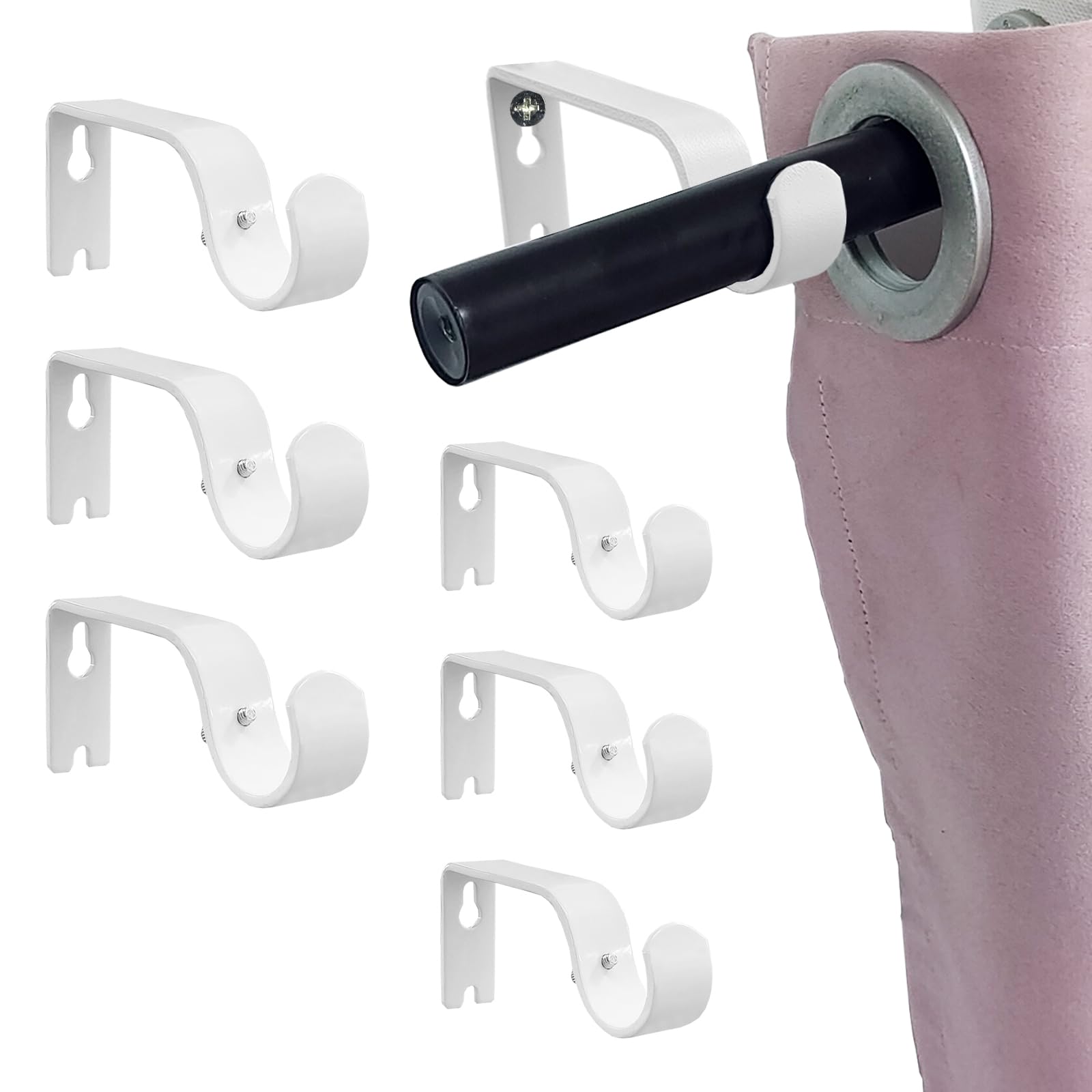 Kowibcl Curtain Rod Bracket, 6 Pcs Holders for 1 Inch Rod, Hooks for Wall, Brackets for Living Room Bedroom, White
