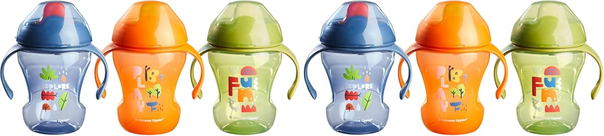 Tommee Tippee Sippee Trainer Cup con asas, botella de agua para niños pequeños, a prueba de derrames, sin BPA, 8 oz, 7 m+, paquete de 6, azul, naranja y verde