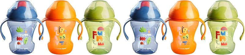 Tommee Tippee Sippee Trainer Cup con asas, botella de agua para niños pequeños, a prueba de derrames, sin BPA, 8 oz, 7 m+, paquete de 6, azul, naranja y verde