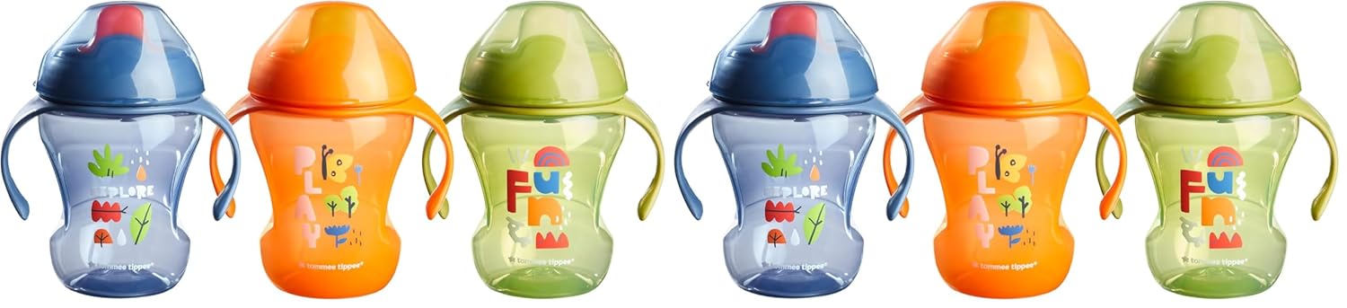 Tommee Tippee Sippee Trainer Cup with Handles, Water Bottle for Toddlers, Spill-Proof, BPA Free, 8oz, 7m+, Pack of 6, Blue, Orange and Green