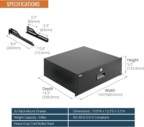 Miniatura 9 de TECMOJO Cajón de montaje en bastidor con bloqueo  22lb (10 kg) Cajón de almacenamiento de acero seguro con cerradura para equipo de red de 19