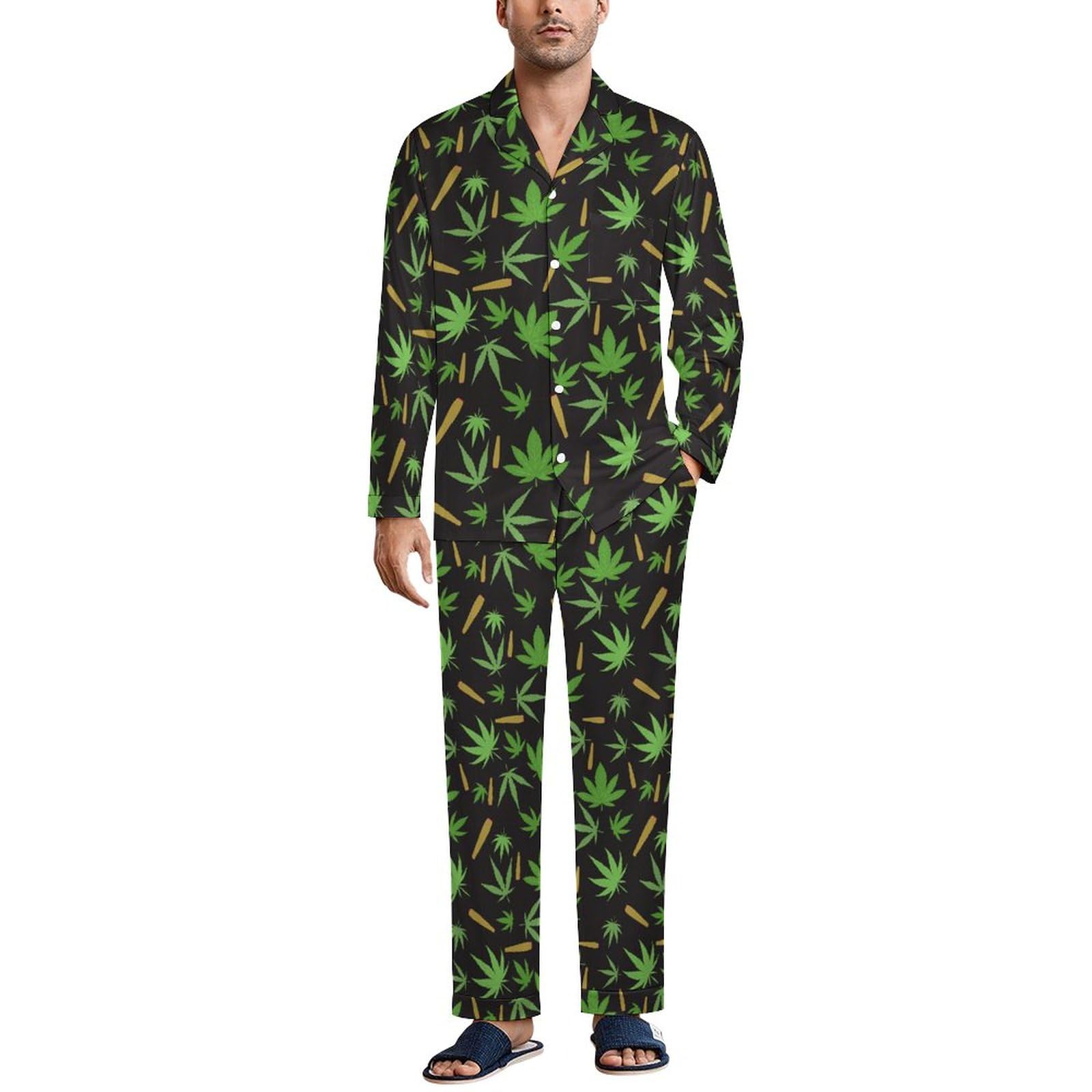 Marijuana Weed Men's Pajamas Set Soft Loungewear Pjs Long Sleeve Cuban Shirt with Pajama Pants L