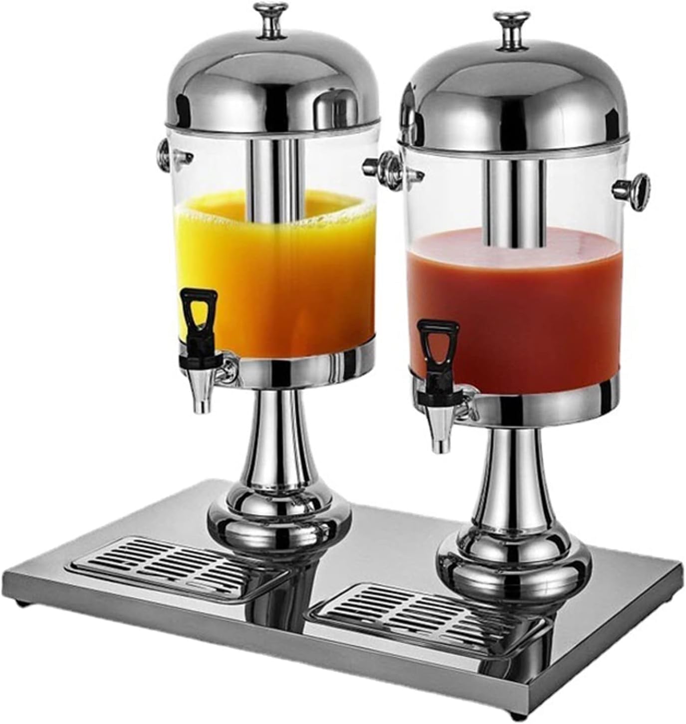 Dispensador de Zumo Doble de Acero Inoxidable con 2 x 8L de Capacidad, Bandejas de Goteo, Cilindros de Enfriamiento y Recipientes Transparentes