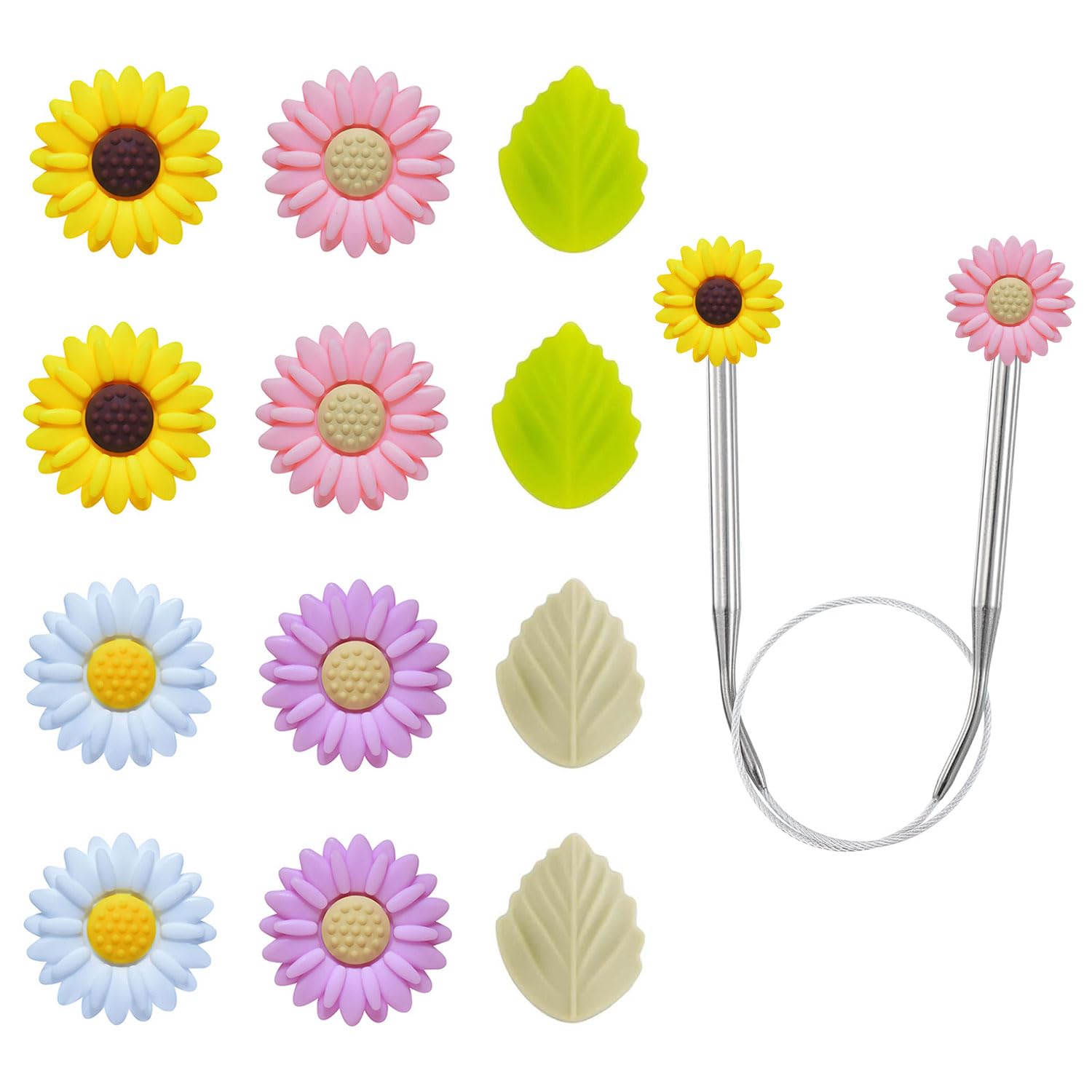JOYOLA 12 Pcs Silicone Knitting Needle Stoppers, Stitch Stoppers for Knitting Needles, Colourful Flower Leaf Knitting Needle Protectors, Silicone Knitting Needle Caps for Knitting Quilting Sewing