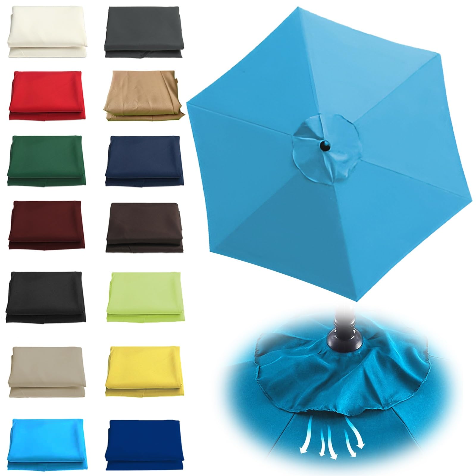 200cm 270cm 300cm Umbrella Replacement Parasol Canopy UV50+ Waterproof, Sun Umbrella Replacement Cloth 6/8 Arms Garden Canopy Cover Replacement Cover For Standard & Cantilever Parasols(Color:Lake blue