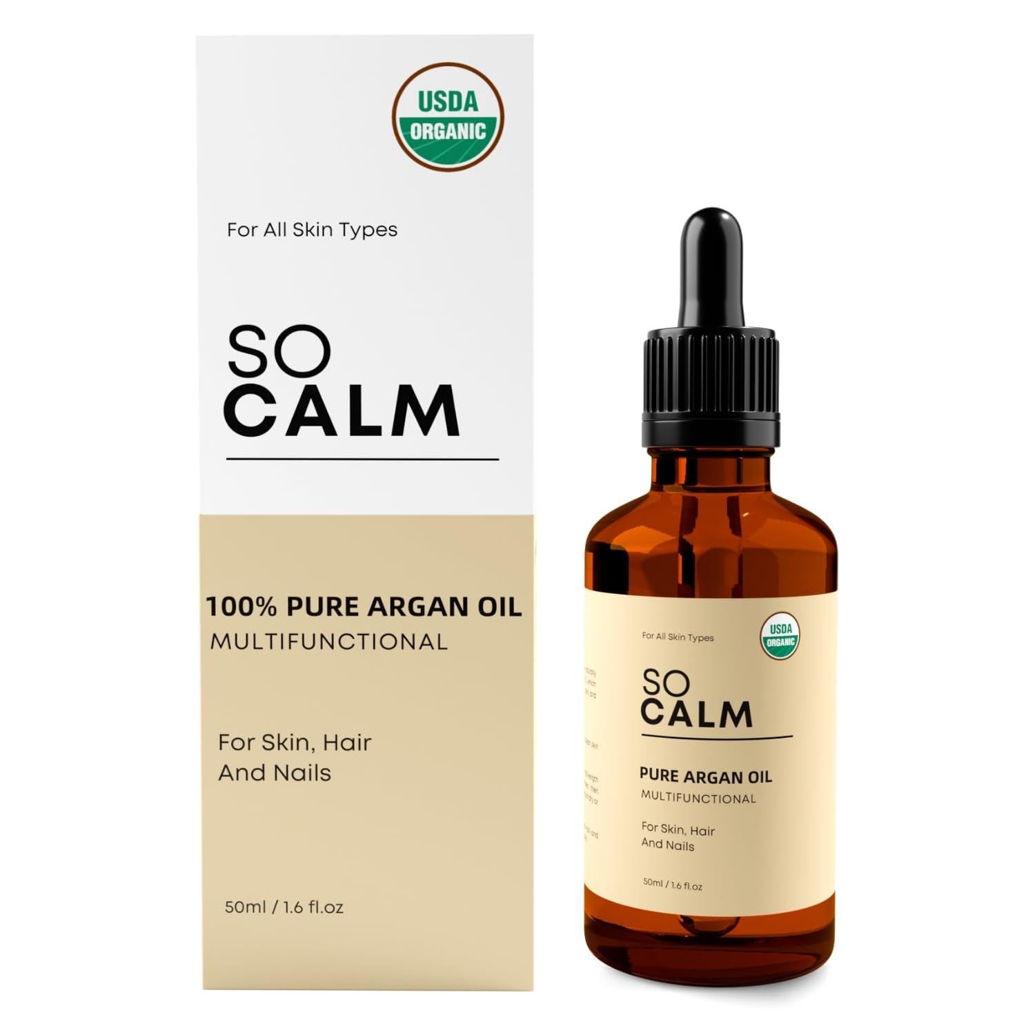 SoCalm 100% Pure Argan Oil – Cold-Pressed & Organic, Deep Moisture for Face, Skin & Hair, Rich in Vitamin E & Fatty Acids - 1.6oz / 50ml