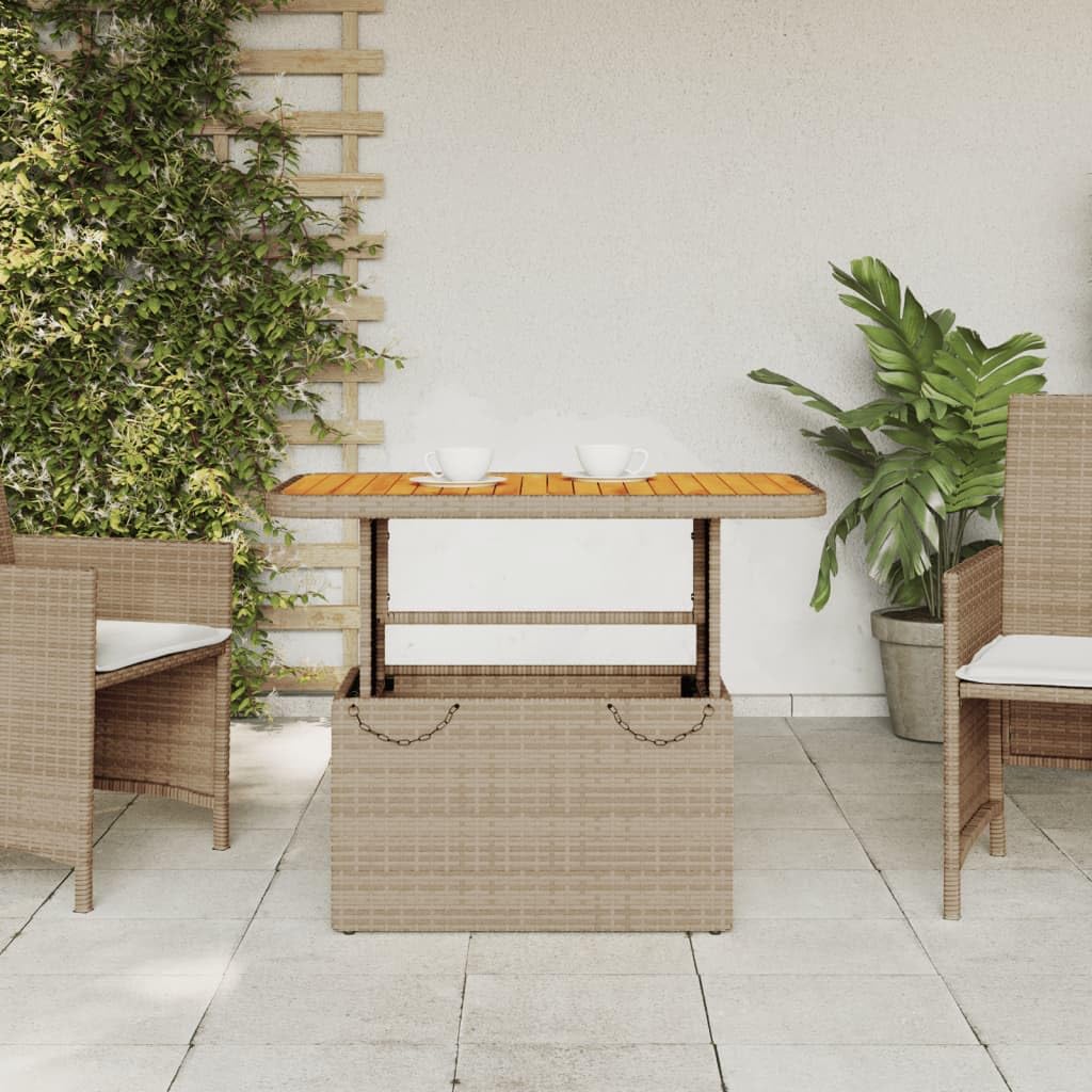Stół ogrodowy, beżowy, 90 x 55 x 71 cm, polirattan, drewno akacjowe, regulowany, z malowaną proszkowo stalową ramą, do ogrodu, na taras, balkon i na zewnątrz, do jedzenia i pikniku