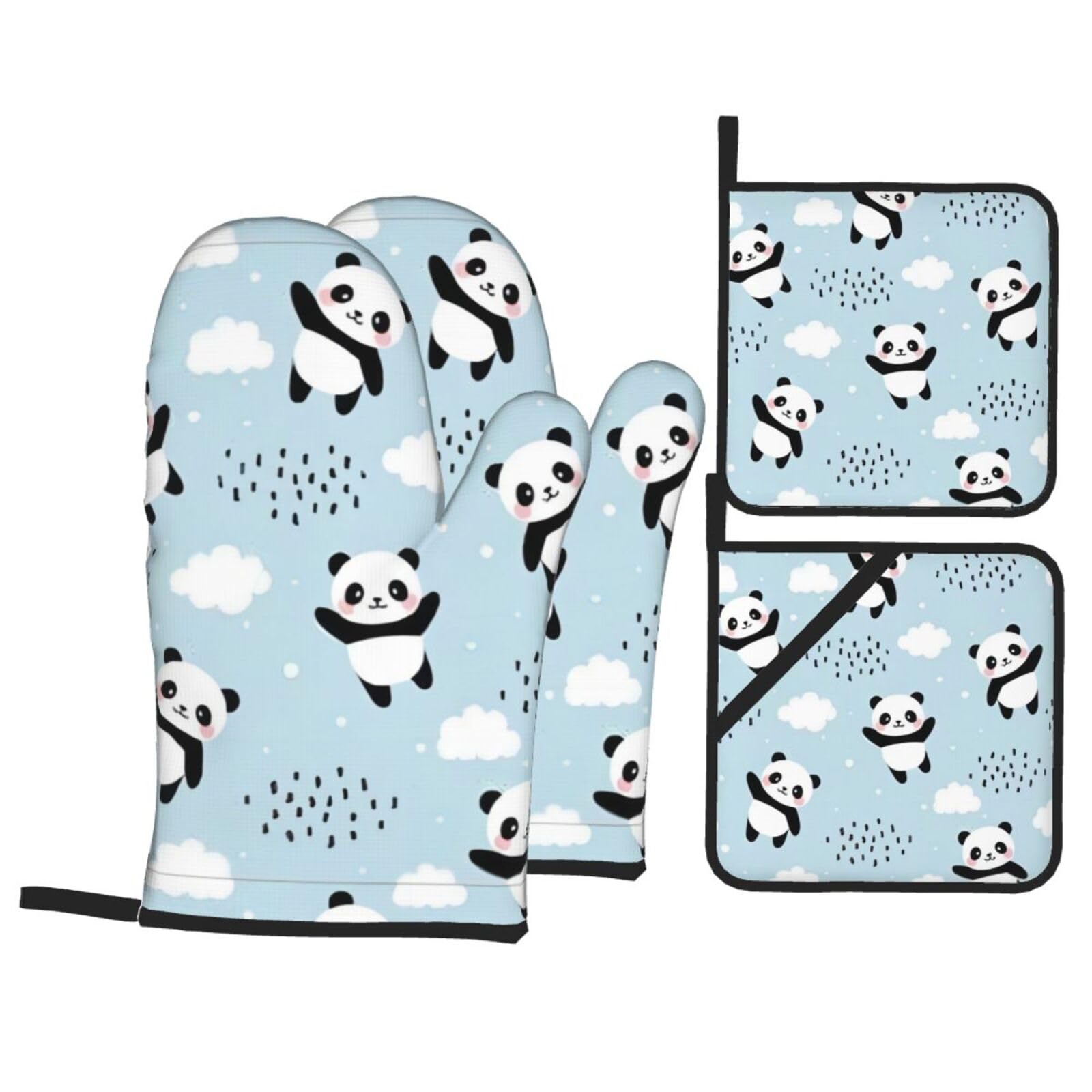 YYHHAOFA Panda cloud Prints Kitchen Baking Set with Heat Resistant Pot Holders & Oven Mitts - Waterproof Layer for Hot Dishes, Grill & Microwave