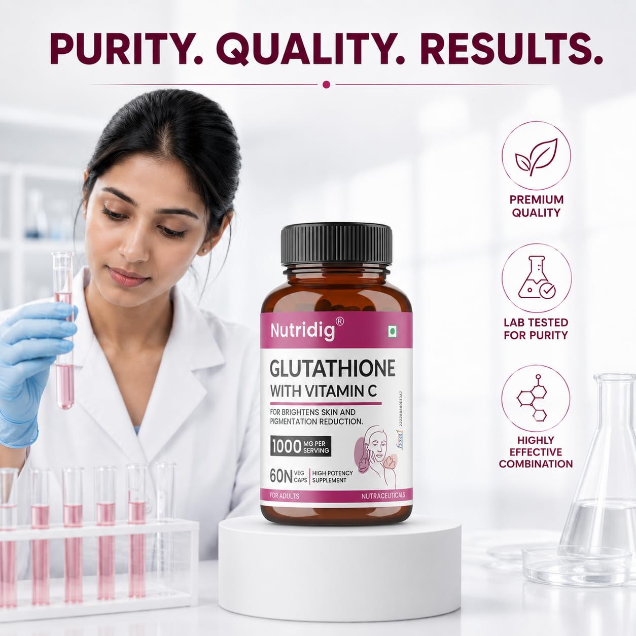 Nutridig® L-Glutathione 1000mg with Vitamin C, Zinc & Biotin | Antioxidant Support for Skin Health & Radiance | FSSAI APPROVED