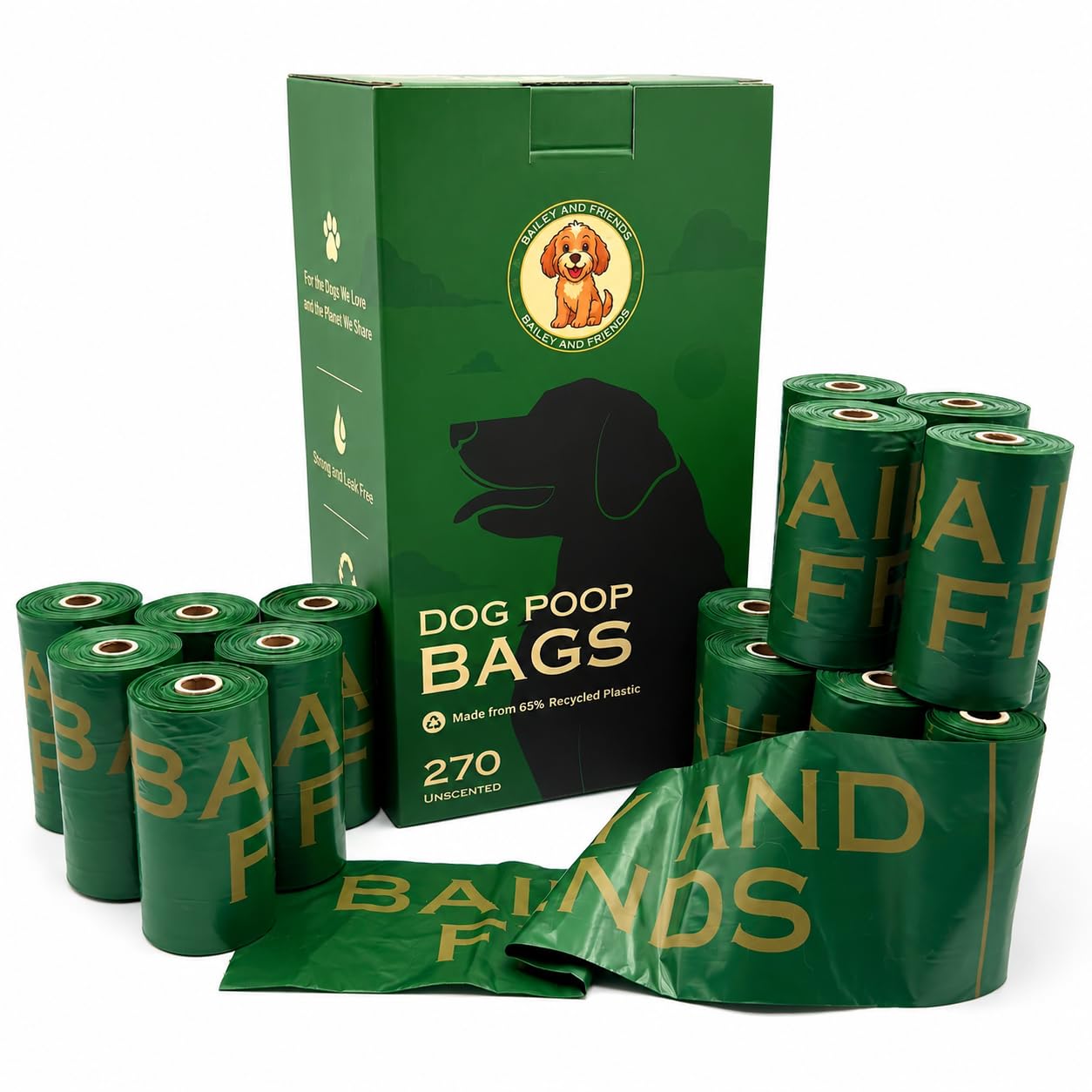 Bailey and Friends 270 Dog Poo Bags | Extra Thick & Leakproof | 65% Recycled Plastic | Unscented | Fits Standard Dispensers | Supports UK Dog Charities