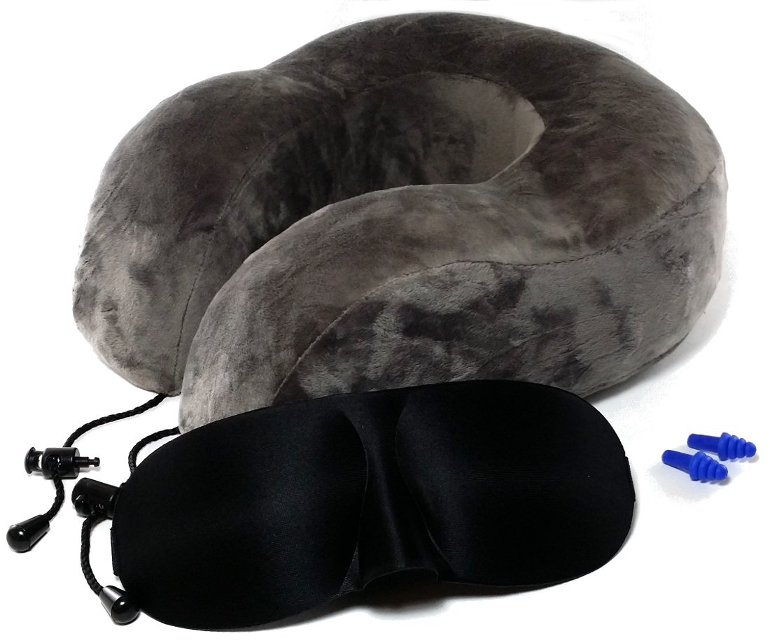 Nomad Premium Memory Foam Travel Neck Pillow with Bonus Sleep Mask and Ear Plugs - Comfort and Support for Travel or at Home (Gray)