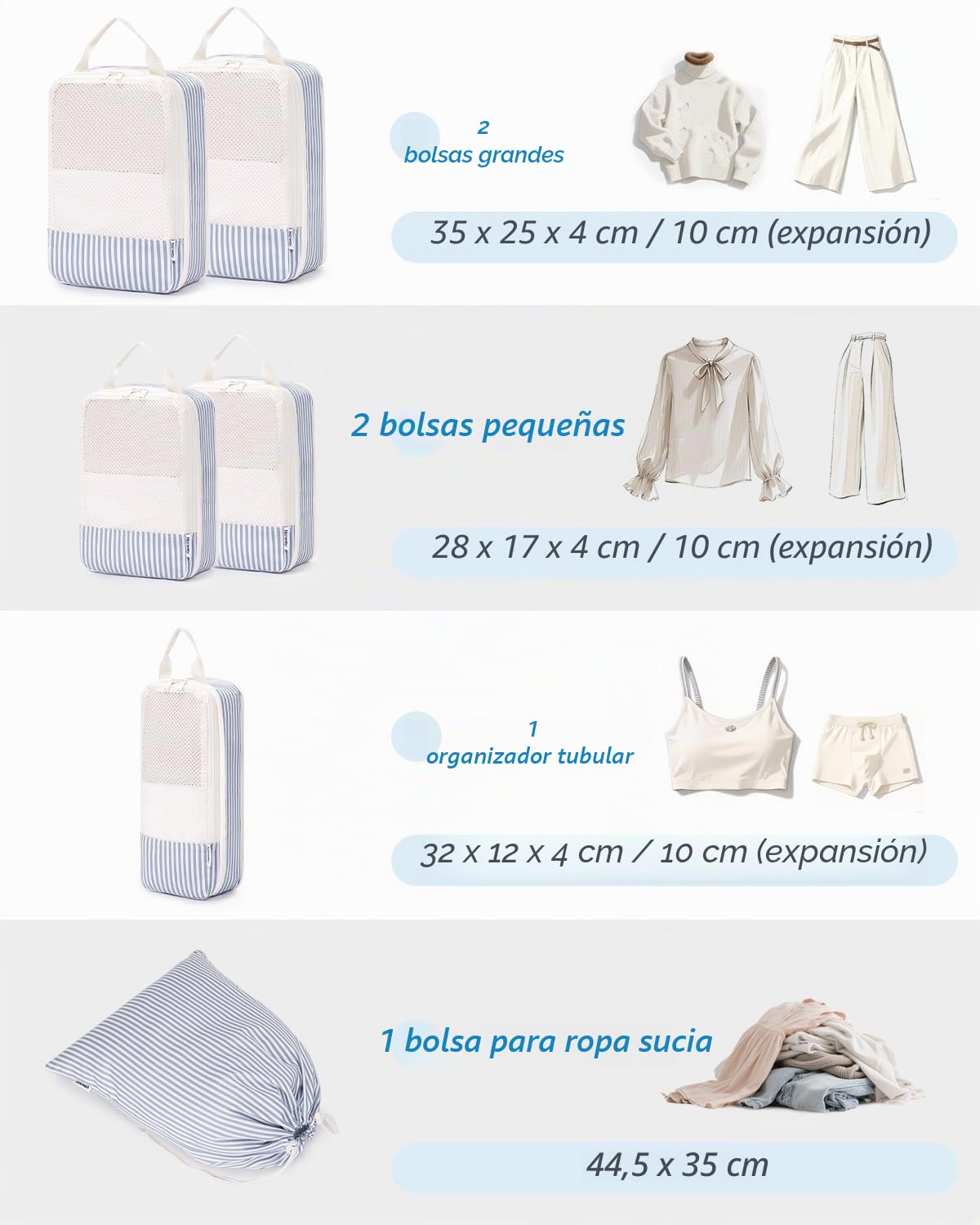 Narwey 6 Sets Compresión Organizador Maleta, Packing Cubes Compression, Bolsas Viaje para Mochila y Maleta, Cubos Organizadoras Maletas Travel Essentials Accesorios Viaje (rayas azul grisáceo)