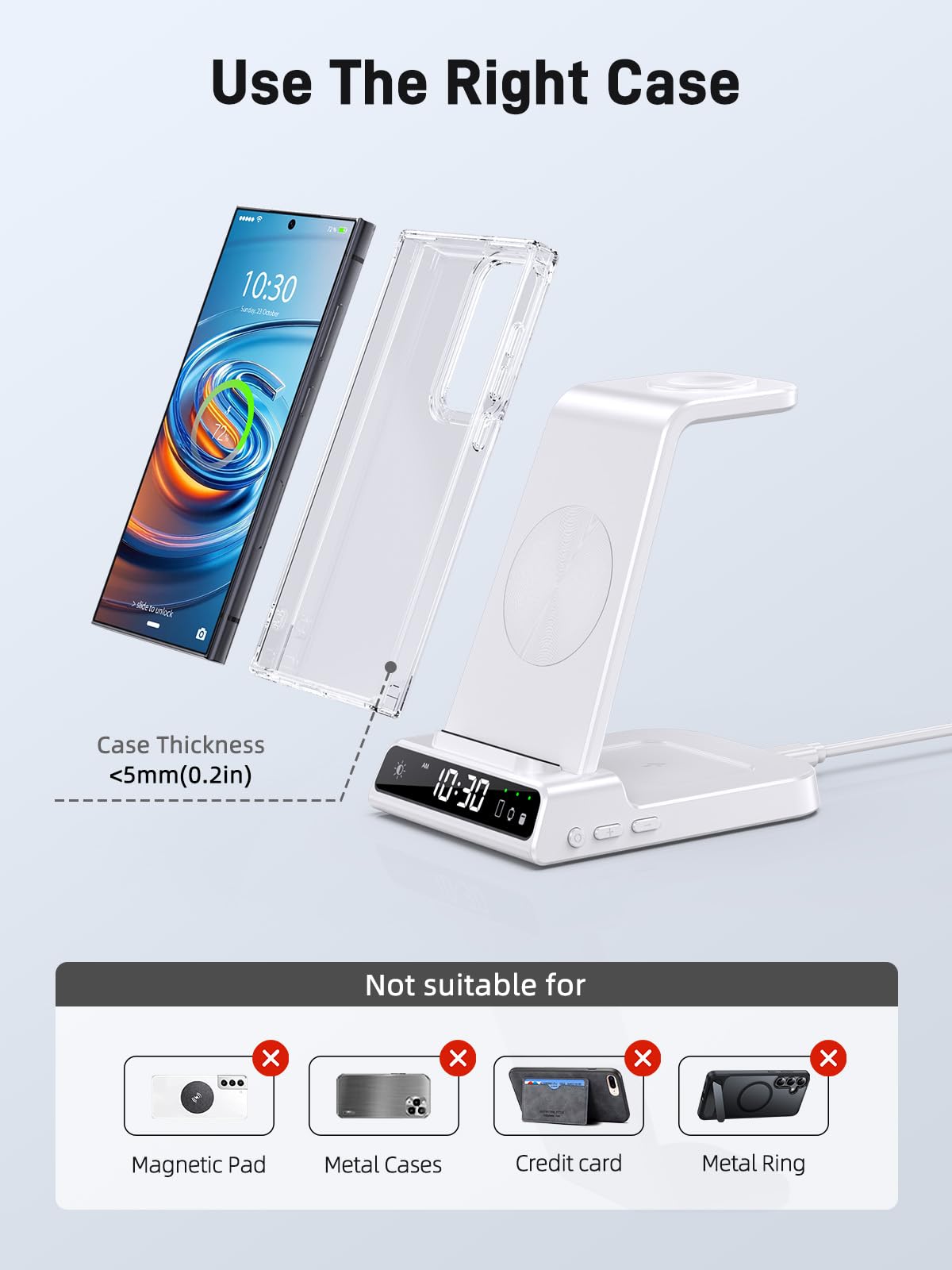 Caricatore Wireless Con Orologio Digitale per Samsung Galaxy S25 Ultra, Stazione di Ricarica Wireless per Galaxy Watch Ultra 8/7/6, Caricatore Wireless per S24 Ultra Z Fold 6/Z Flip 6,Galaxy Buds 2