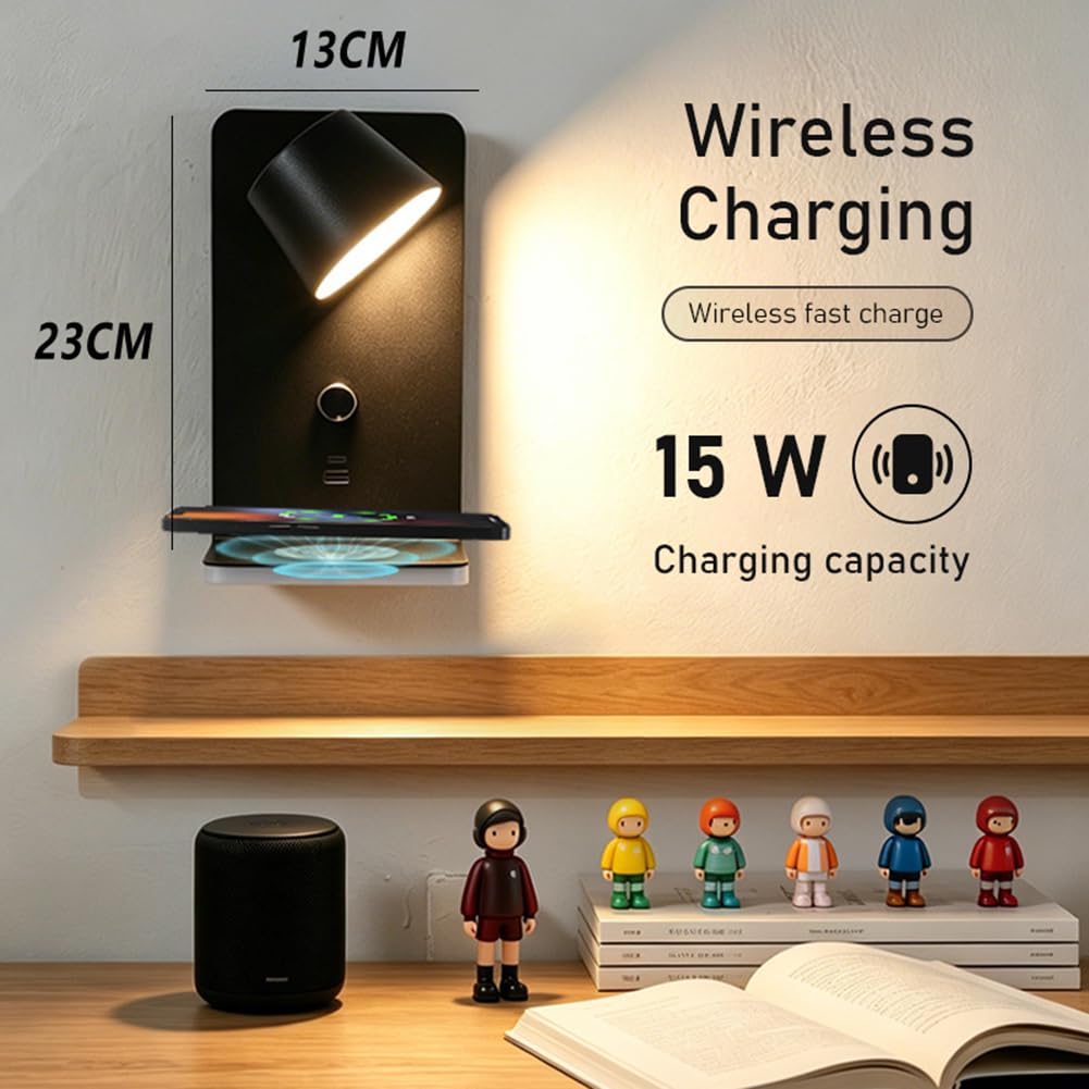 Aplique Giratorio con Regulador de Intensidad y Puerto de Carga USB Lámpara de Pared con Luz Cálida de 3000K Estación de Carga Inalámbrica Lámpara de Lectura de pared LED Iluminación,Negro