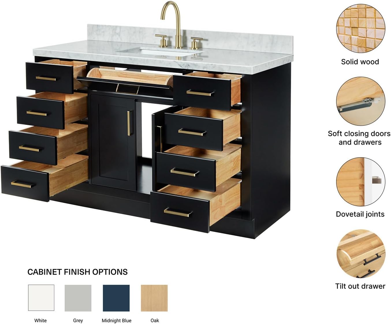 ARIEL Hepburn 54-inch Bathroom Vanity with Sink,Solid Wood, 1.5-inch Italian Carrara Marble Countertop, Single Rectangular Porcelain Sink, 2 Soft Closing Doors, 9 Dovetail Drawers, Black