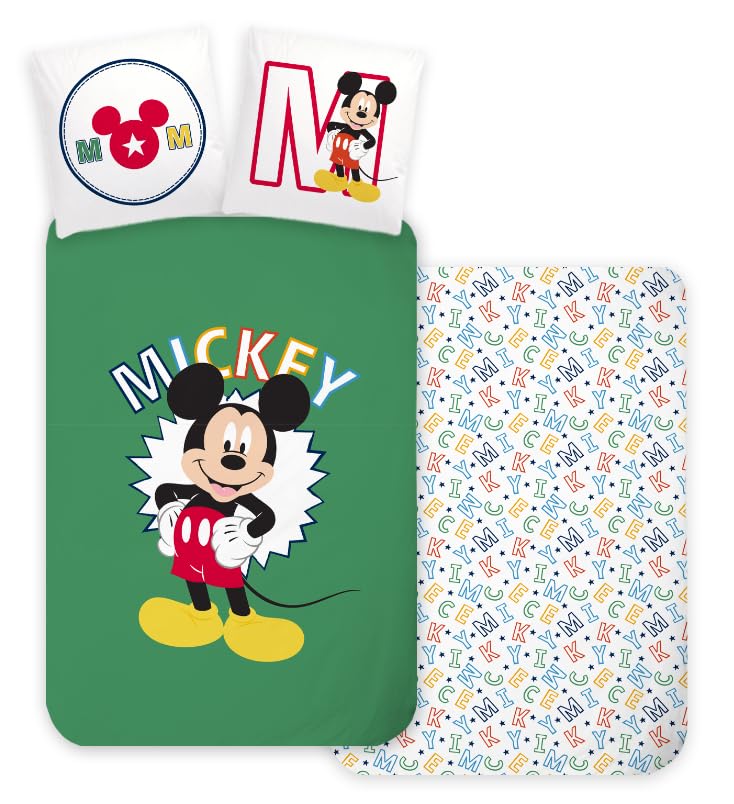Parure de Lit Mickey pour Lit Bébé ou Évolutif, Housse de Couette Réversible 100x135 cm + Taie d'oreiller 40x60 cm, 100% Coton
