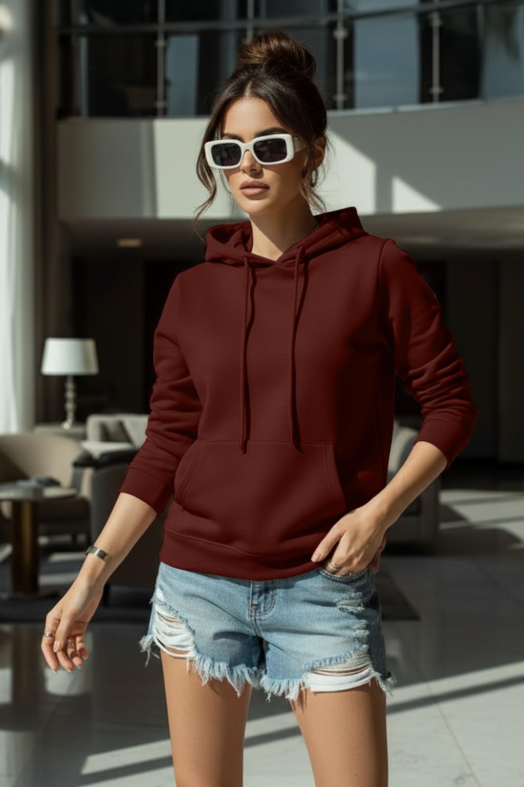 JUNEBERRY Bluza z kapturem z tkanej bawełny, z długim rękawem, stylowa, z kapturem, normalne dopasowanie, na zimę
