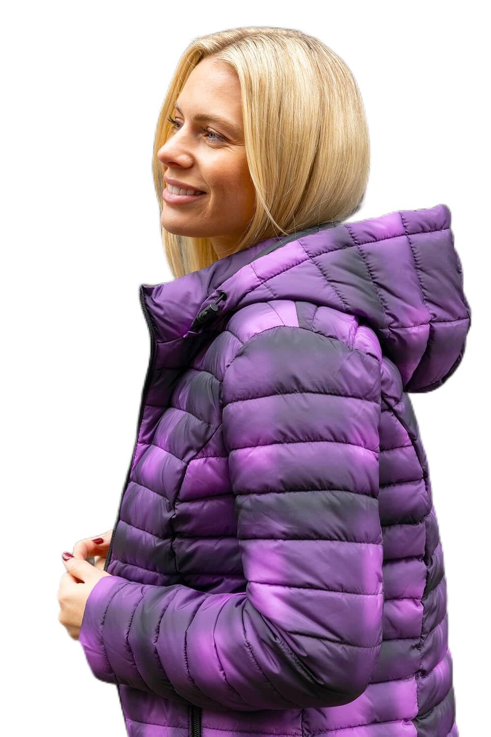 Roman Originals Women's Purple & Black Roman Padded Longline Coat With Hood - Zip Through Autumn Winter Long Length Lightweight Quilted Warm Cosy Everyday Zip Up Casual Jackets Coats - Size 14