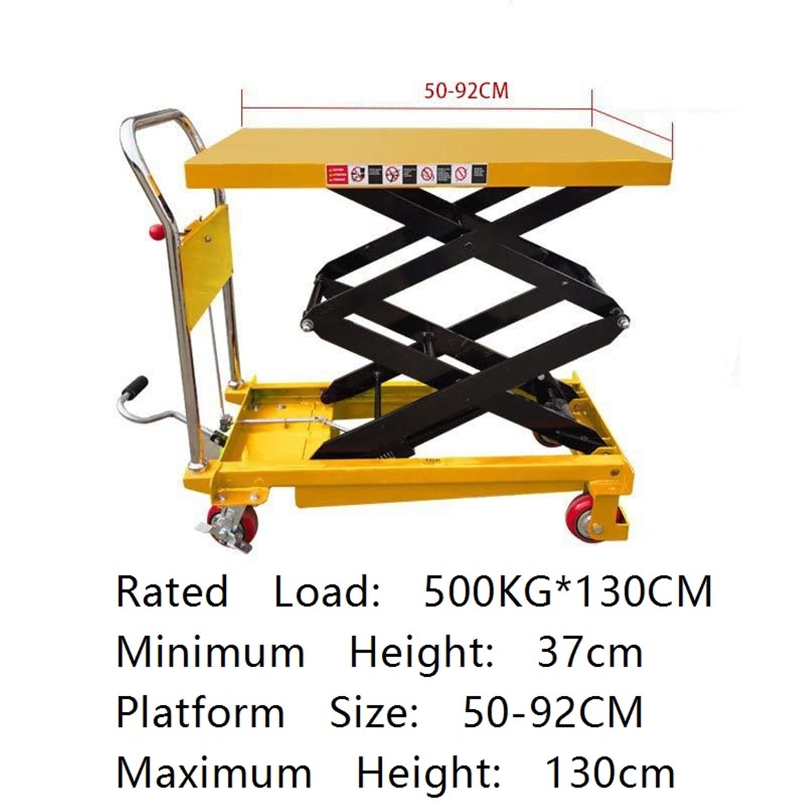 Hydrauliczny wózek stołowy podnośnik o pojemności 500 kg, 4 koła PU bezpieczeństwa do domu, garażu, supermarketu, magazynu fabrycznego (1,3 m)