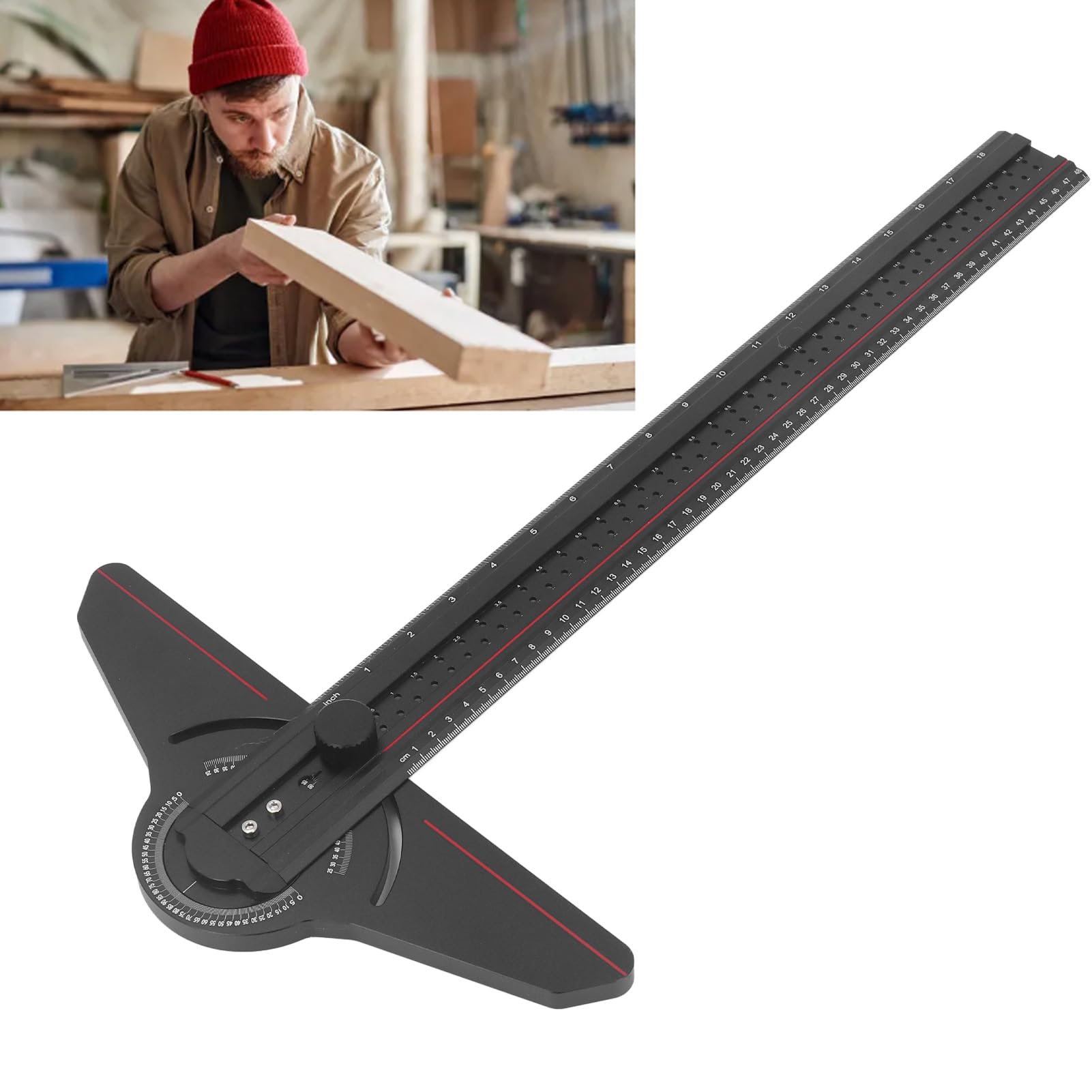 T Square, Regla de Borde de Carpintería con Escala Grabada con Láser de Aleación de Aluminio, Herramienta de Medición de ángulos Múltiples Ajustable con Medidor de ángulo Giratorio para