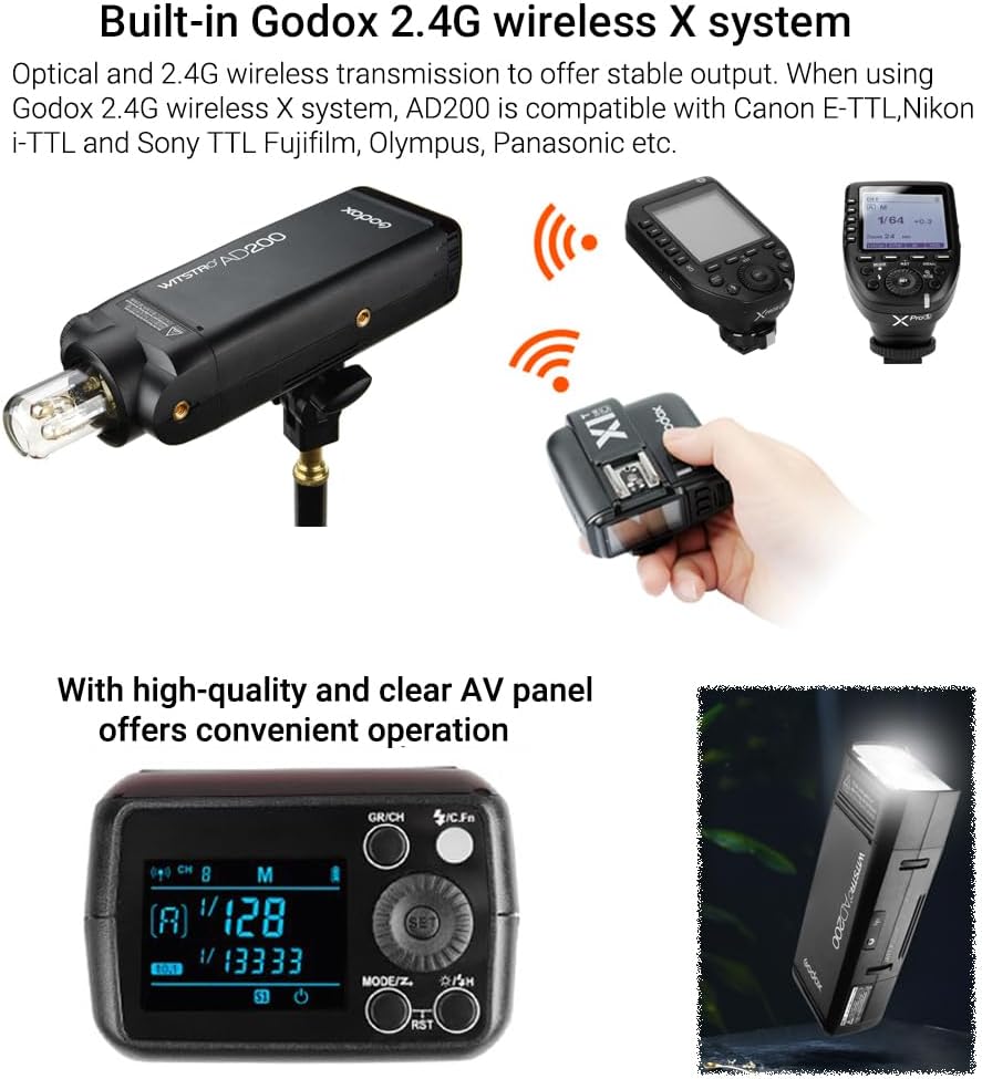 Godox AD200 Pocket Flash, 2.4G TTL 200Ws Strobe Flash Monolight, 1/8000 HSS Speedlite with Carry Bag, Speedlite/Bare Bulb Head, with Li-ion Battery, 500 Full Power Flashes, Recycle in 0.01-2.1s Time