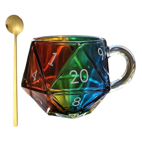 Rainbow D20 Dice Mug, D20 Dice Glass Coffee Mugs, Polyhedral Dice Coffee Cup with Handle, Funny Collection Class Coffee Mug, Gift for Game Enthusiasts