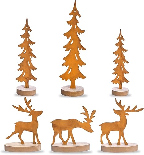 Juego de árboles de Navidad de metal vintage y renos, 6 piezas de decoración rústica de mesa de Navidad con base de madera, centros de mesa de árbol