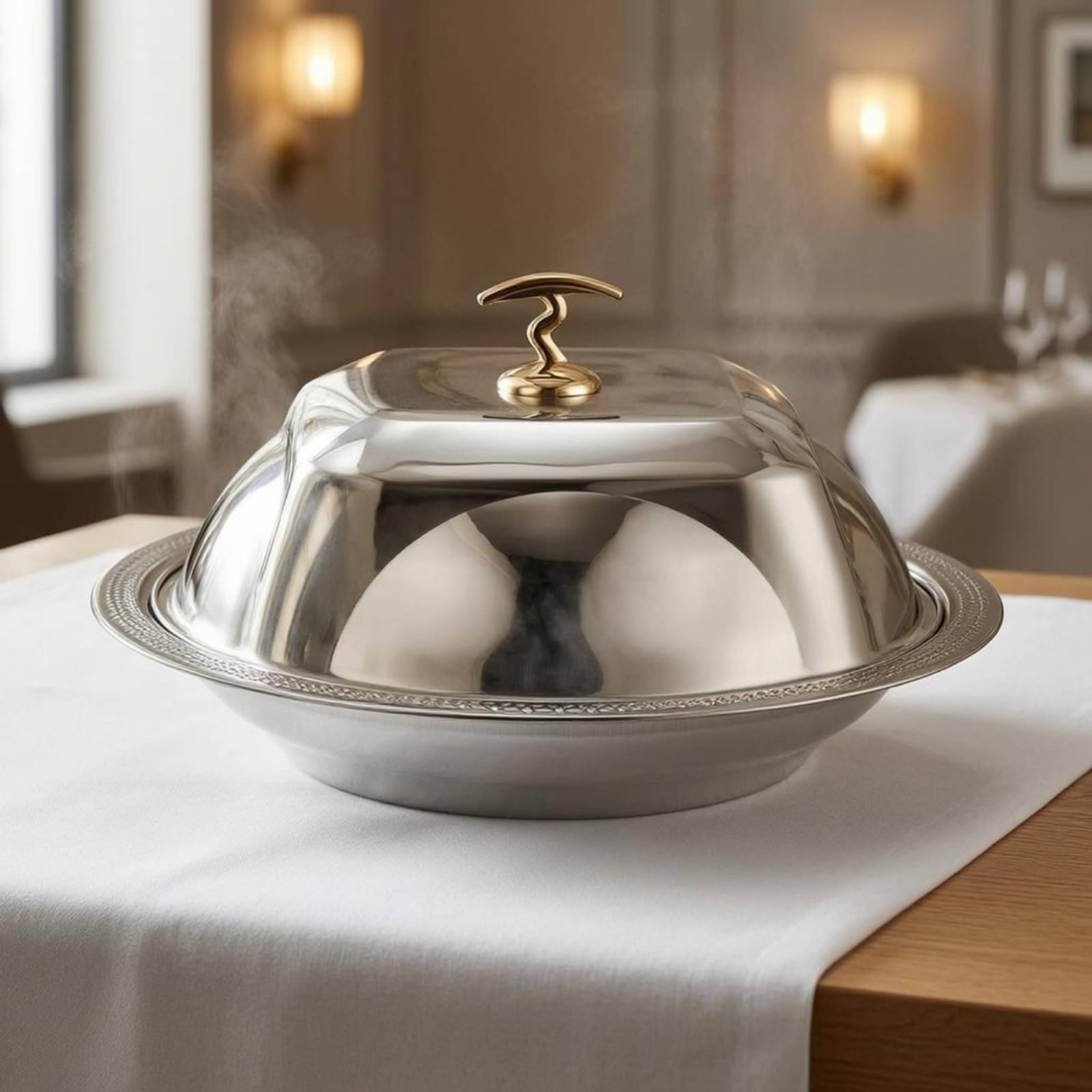 Coprivassoio da Portata Cupola per Servire Coperchio Vassoio Campana per Pietanze in Acciaio Inox Rifinito con Base Coordinata Adatto per Catering, Oro, 36cm