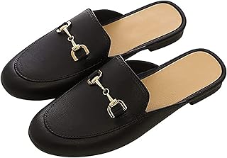 Buckle Mules for Women Round Toe Backless Flat Mules Slides Mules Shoes Ladies Slip-on Loafers (Color : Schwarz, Size : 7.5)