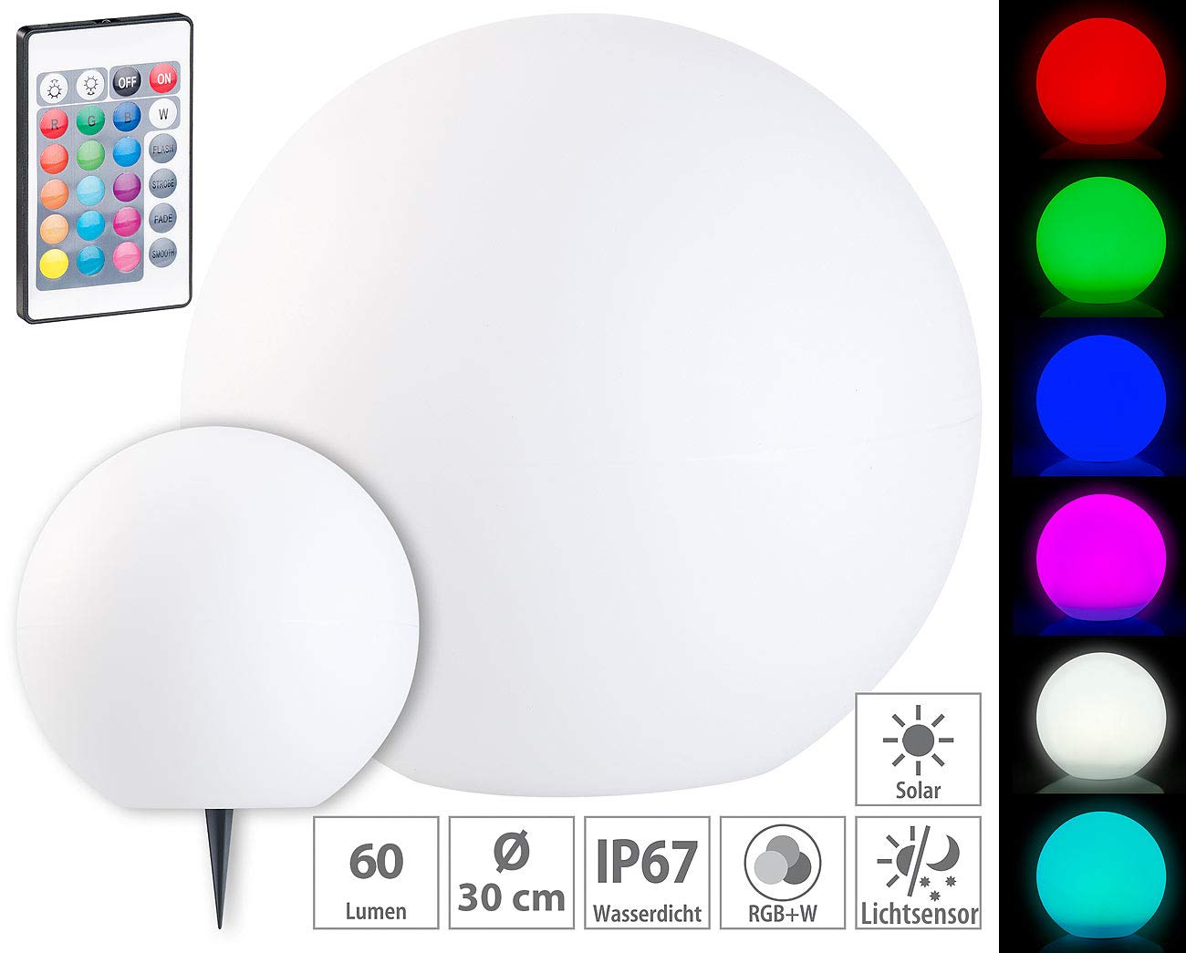 Lunartec Bola de luz LED solar, Ø 30 cm, RGBW