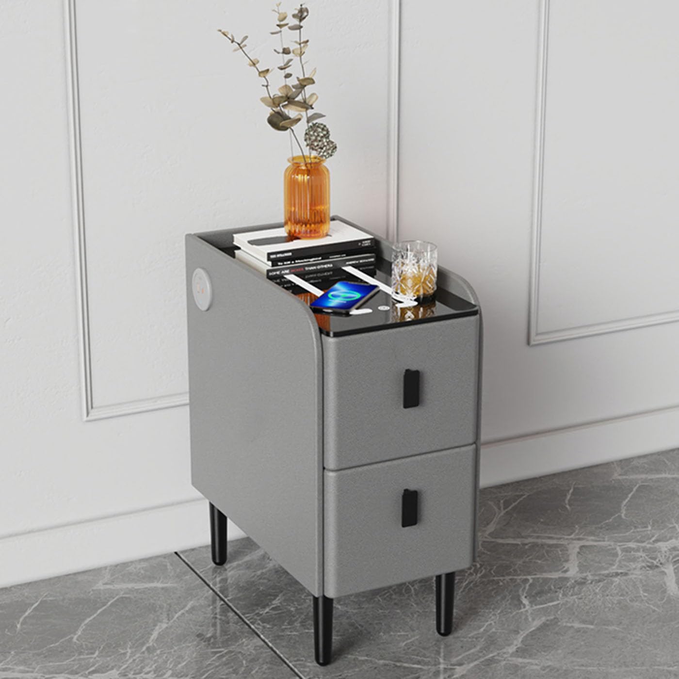 BHGFYXBS Smart Nightstand With Charging Station,3 Colors Led Lights End Table,Modern Bed Side Table With Drawer For Bedrooms,Light Gray-25X40Cm,Light Gray-35X40Cm,Light Gray-35x40cm