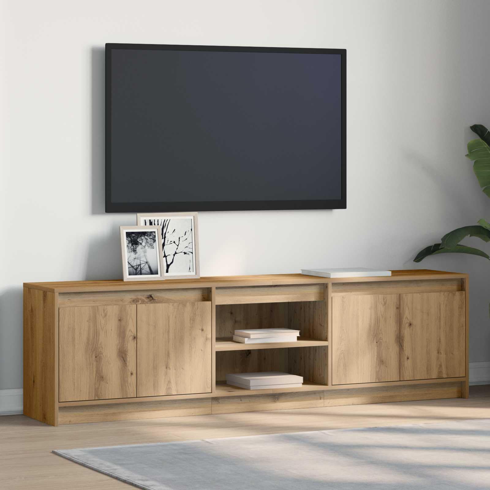 Meuble TV suspendu marron 180x34x50 cm avec étagères de rangement salon