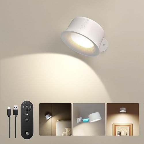 Juego de dos lámparas de pared LED con batería recargable de 3200 mAh, 3 colores de brillo regulable táctil y control remoto, lámpara de lectura